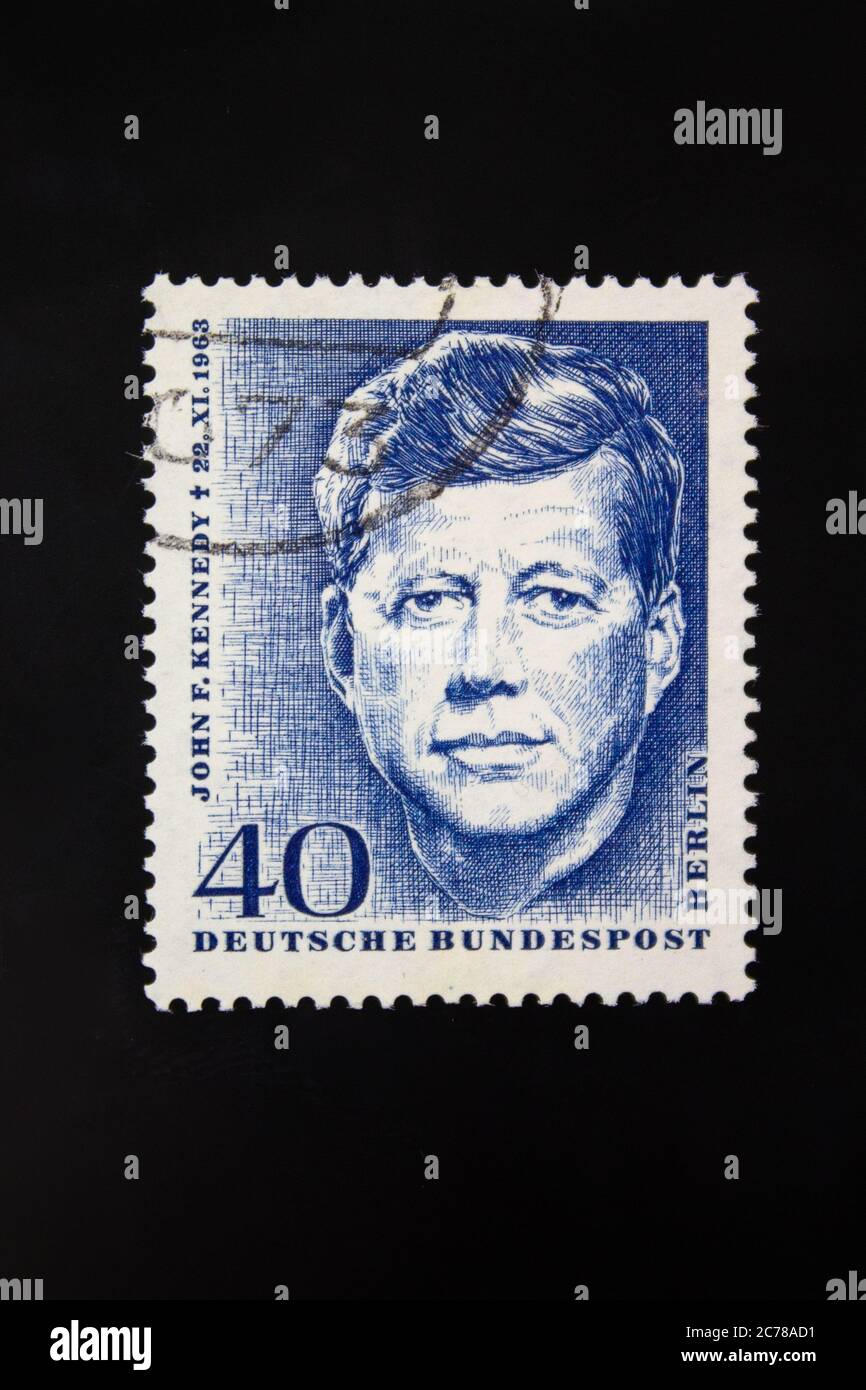 Postage stamp from FRG Berlin. Printed 11/21/1964. 1st anniversary of the death of John F. Kennedy. Stamped Stock Photo