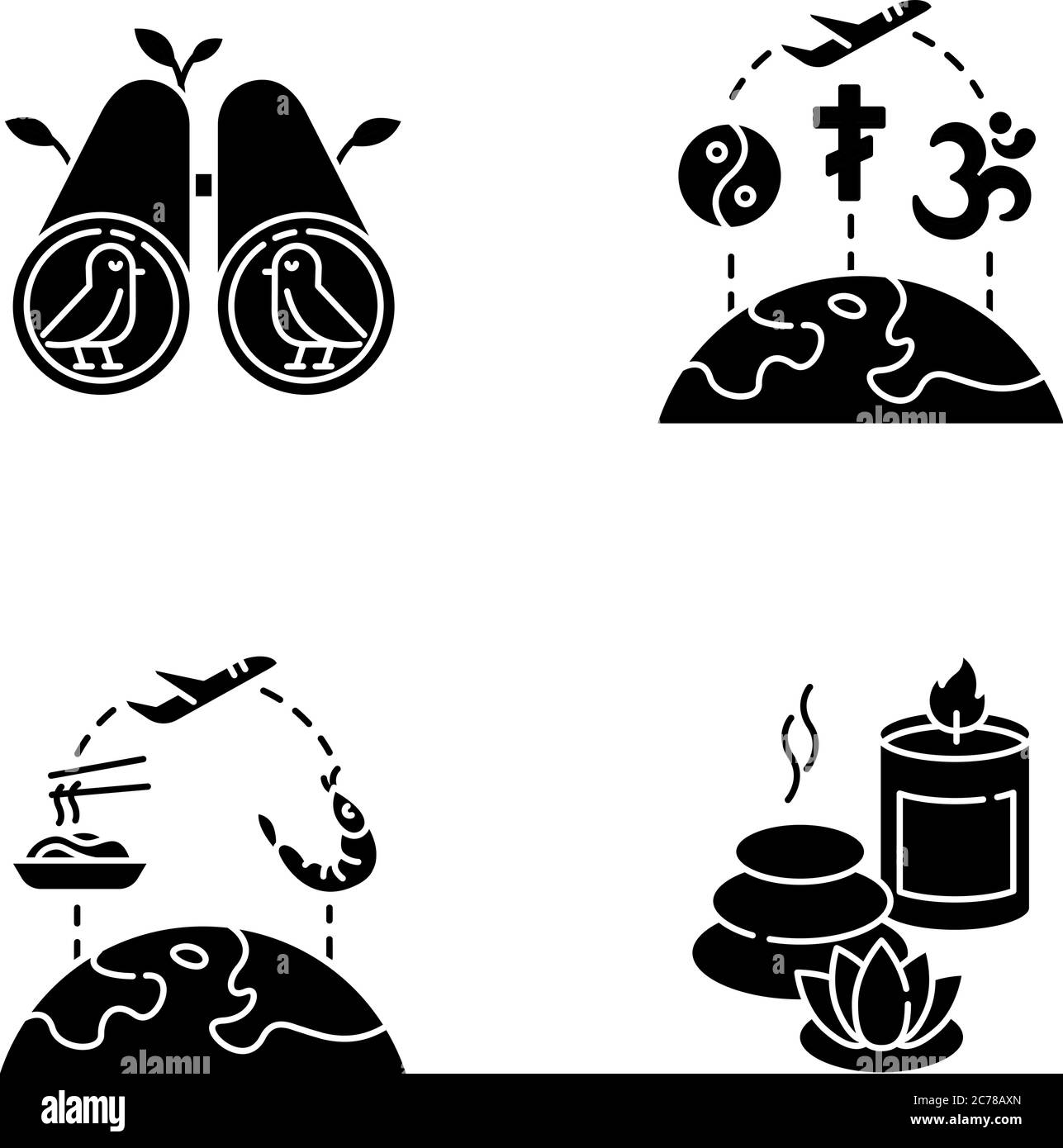Travel and recreation black glyph icons set on white space ...