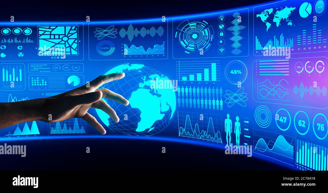 Hand touching interactive board with business process Stock Photo