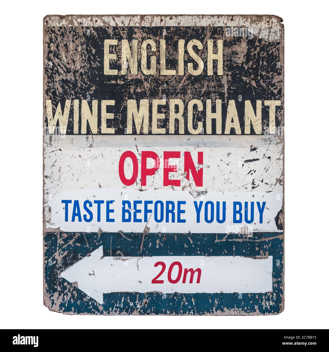 Very old and worn vintage sign of an English wine merchant Stock Photo