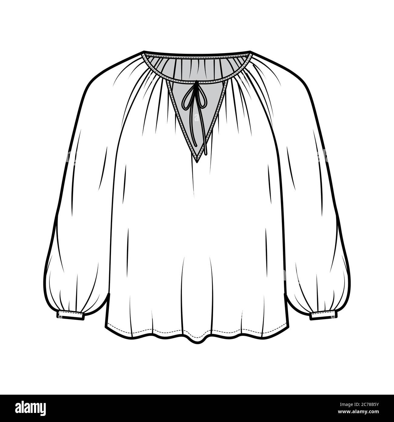 Tie softly gathered neckline blouse technical fashion illustration with loose shape, long sleeves, drapes fluidly. Flat shirt apparel template front, white color. Women, men unisex top CAD mockup Stock Vector