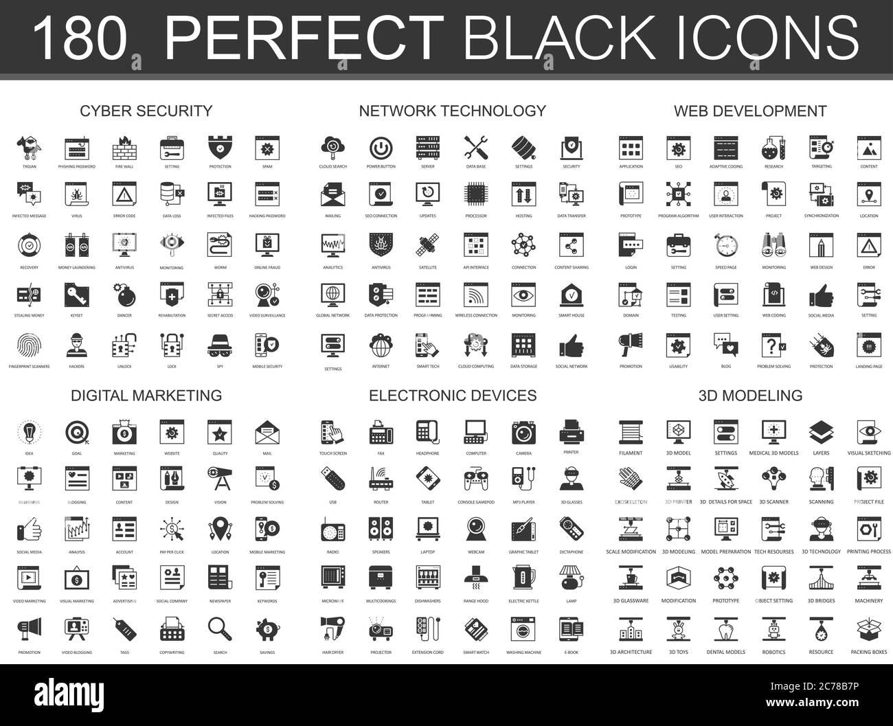 Cyber security, network technology, web development, digital marketing, electronic devices, 3d modeling icons black mini icons concept symbols. Modern vector icon pictogram Stock Vector