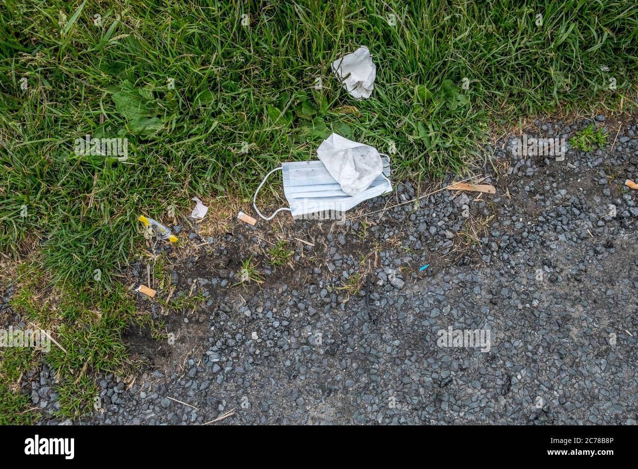 Litter strewn across moor land including worn face masks, toilet paper and black plastic bags. Stock Photo