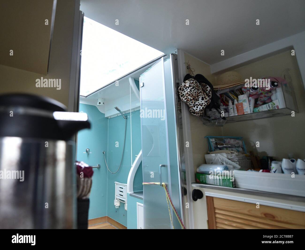 Berlin, Germany. 15th July, 2020. Coffee, snacks and toiletries are available inside the shower mobile for homeless women operated by the Sozialdienst katholischer Frauen e.V. Credit: Sven Braun/dpa/Alamy Live News Stock Photo