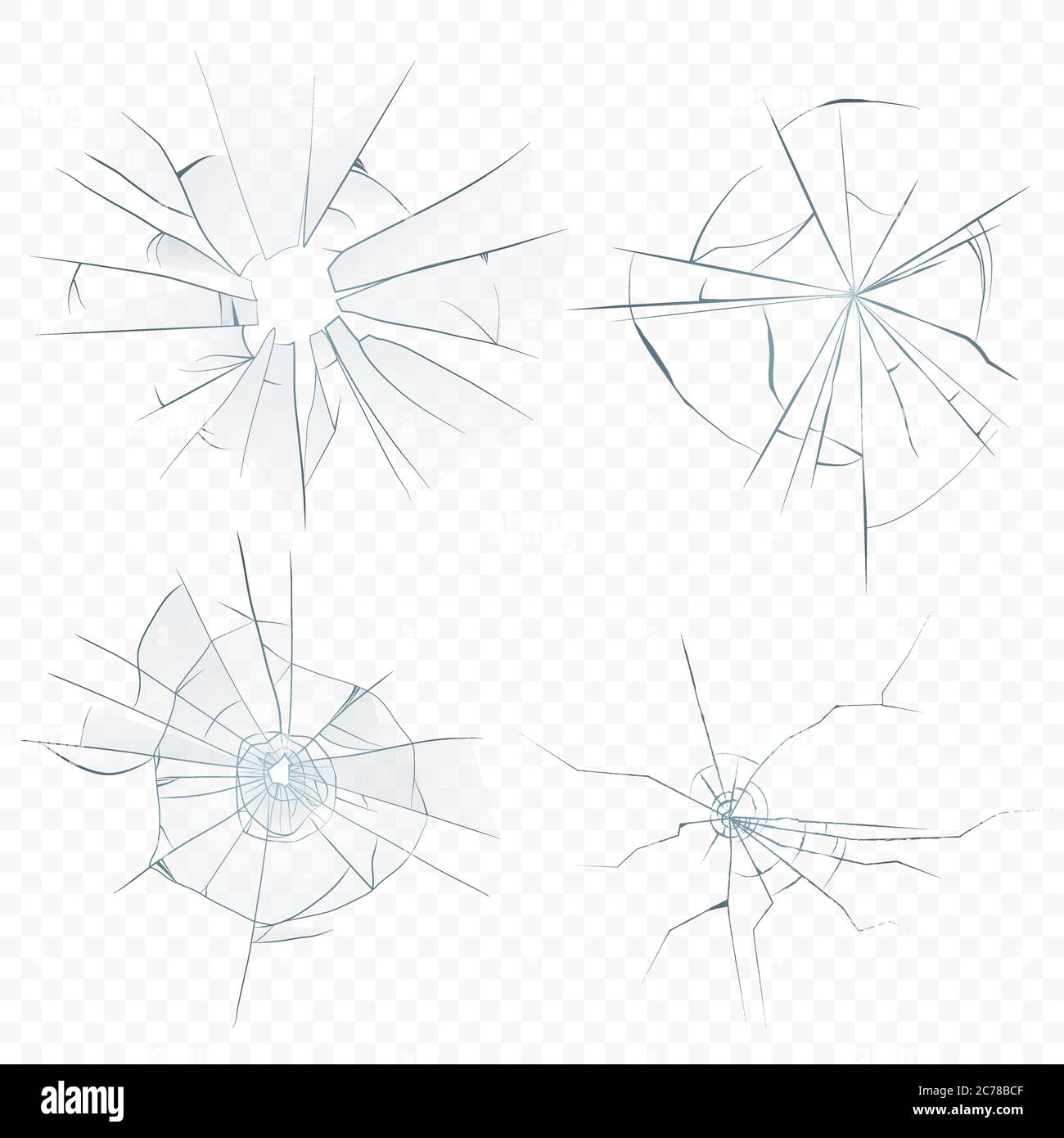 Vector Cracked crushed realistic glass set on the transperant alpha background. Bullet glass hole Stock Vector