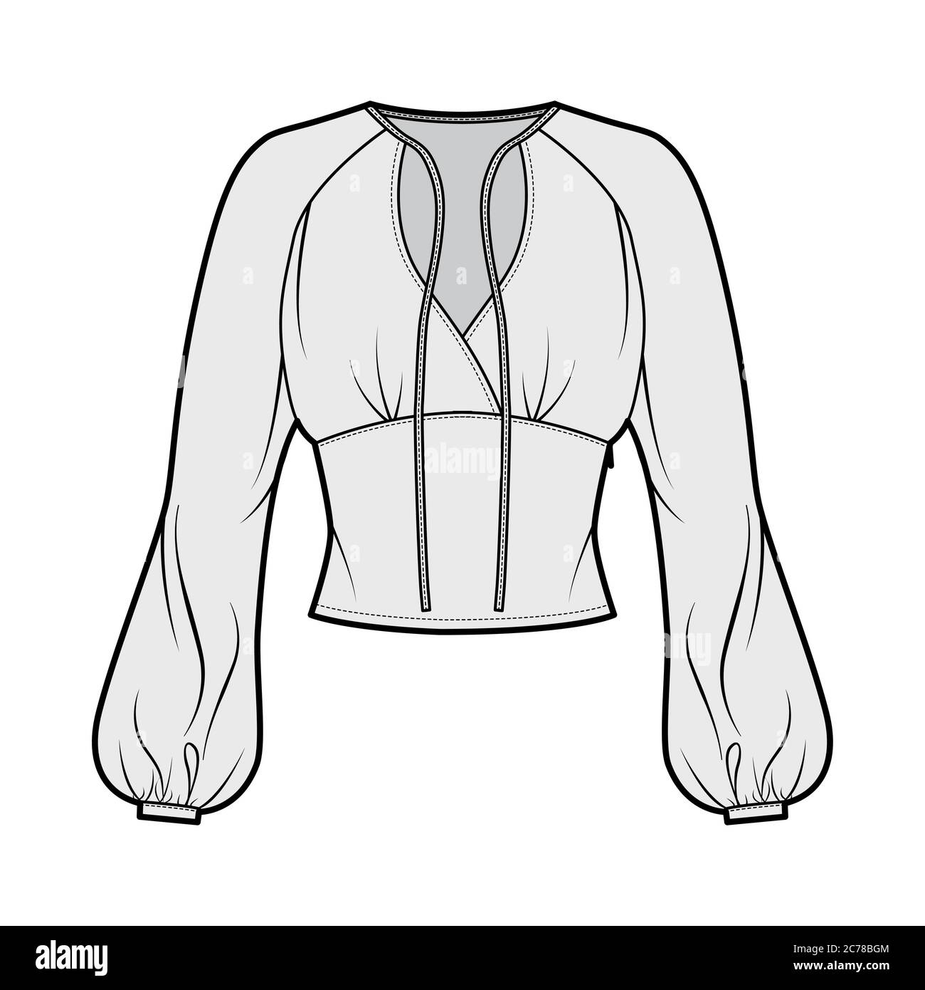 Blouse technical fashion illustration with long bishop sleeves, surplice neckline ties at front, fitted body. Flat apparel shirt template front, grey color. Women men, unisex top CAD mockup Stock Vector