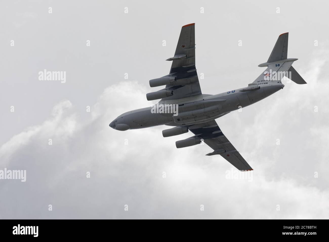 St. Petersburg, Russia - July 15, 2020: Military aircraft Il-78M in the sky during the rehearsal of the military parade dedicated to the Russian Navy Day. The parade is the main event of the celebration held annually in the last Sunday of July Stock Photo