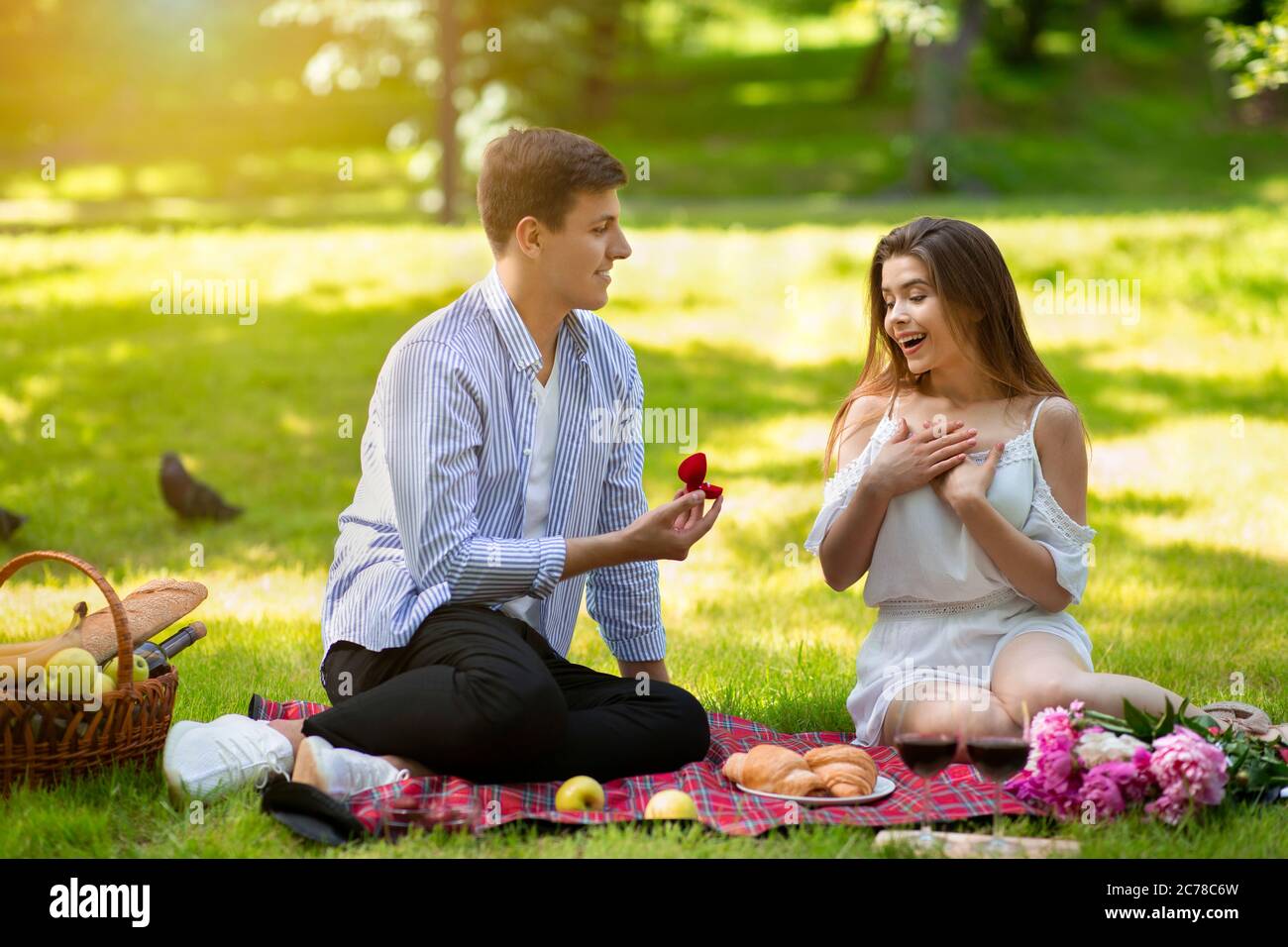 romantic young man making proposal to his surprised girlfriend on picnic at park 2C78C6W