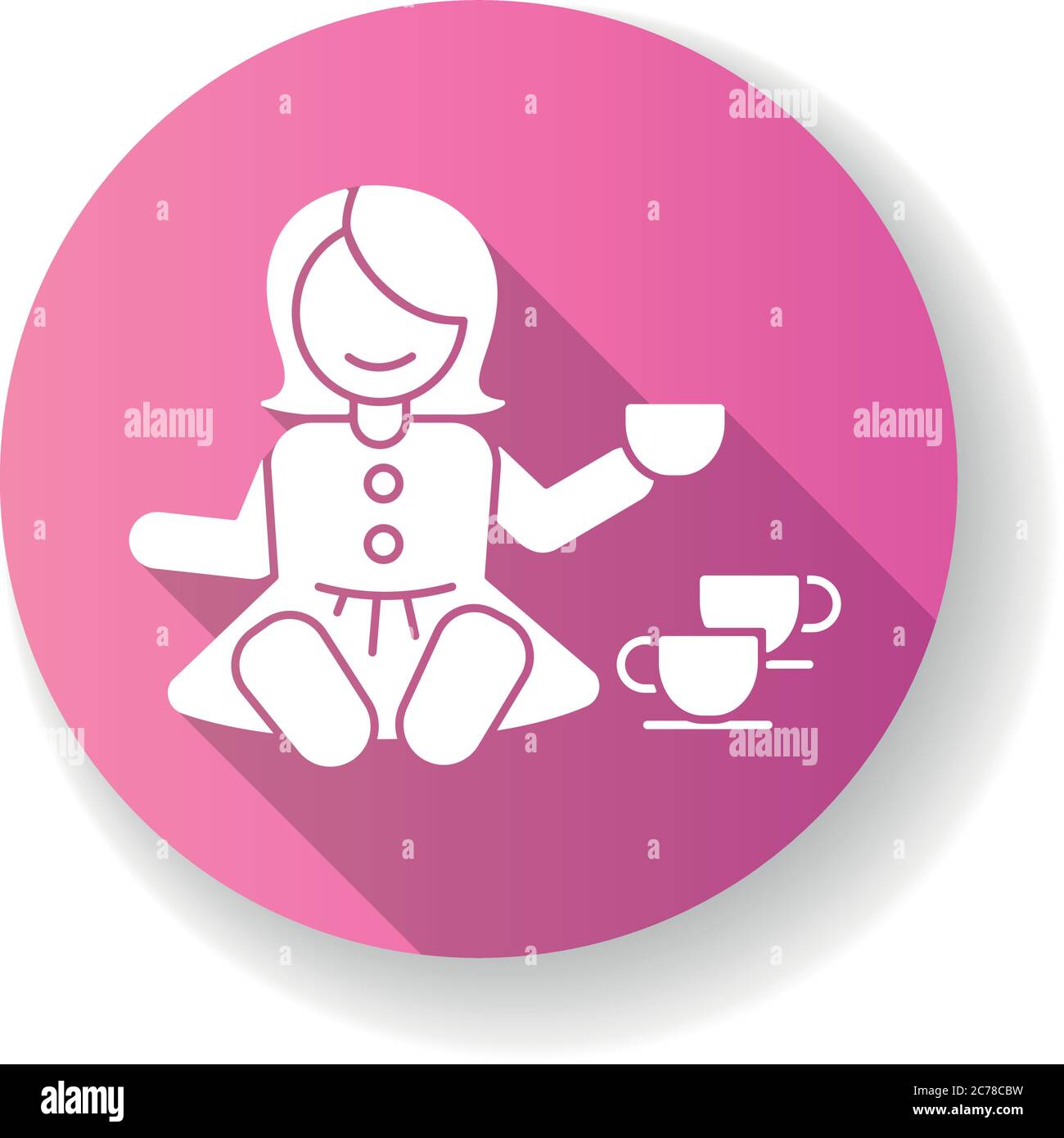 Pretend kitchenware pink flat design long shadow glyph icon. Baby doll with tea set. Toys for playing pretend game with children. Social skills develo Stock Vector