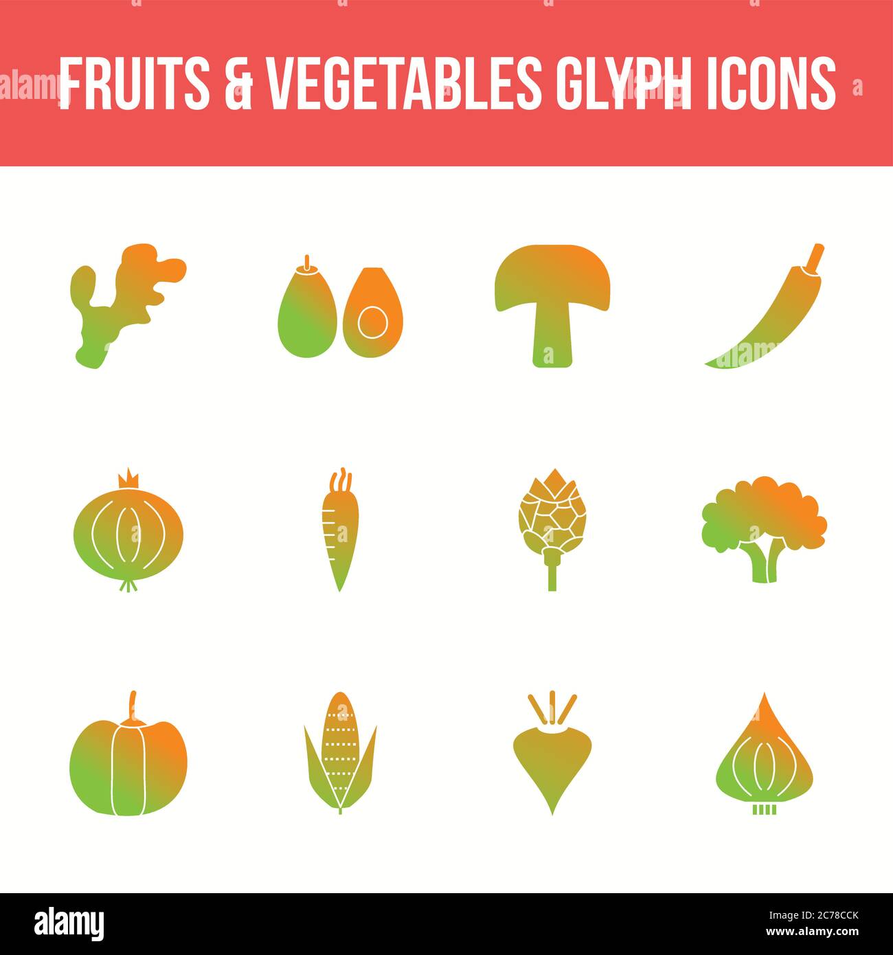 Unique fruits & vegetables vector glyph icon set Stock Vector
