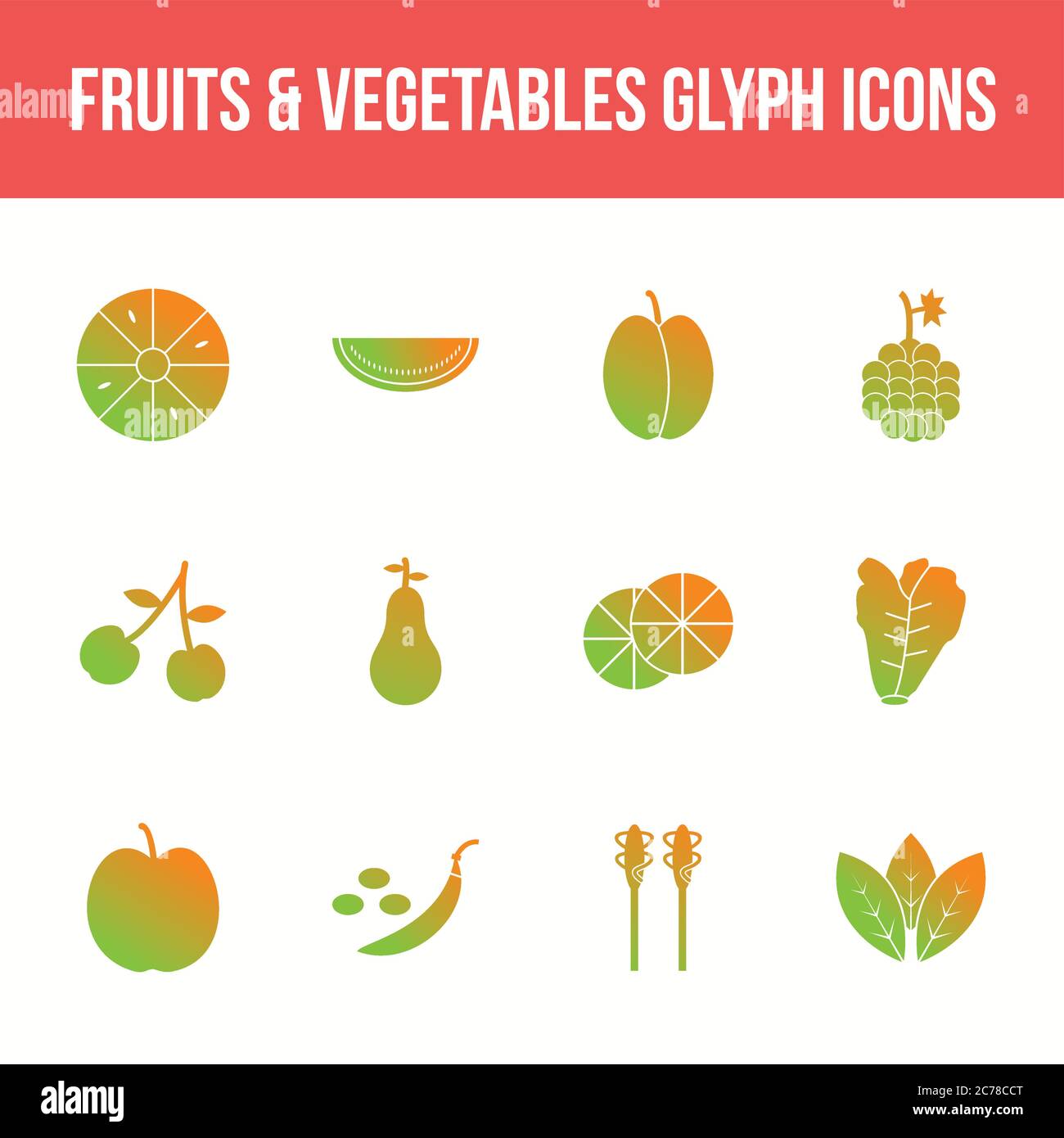 Unique fruits & vegetables vector glyph icon set Stock Vector