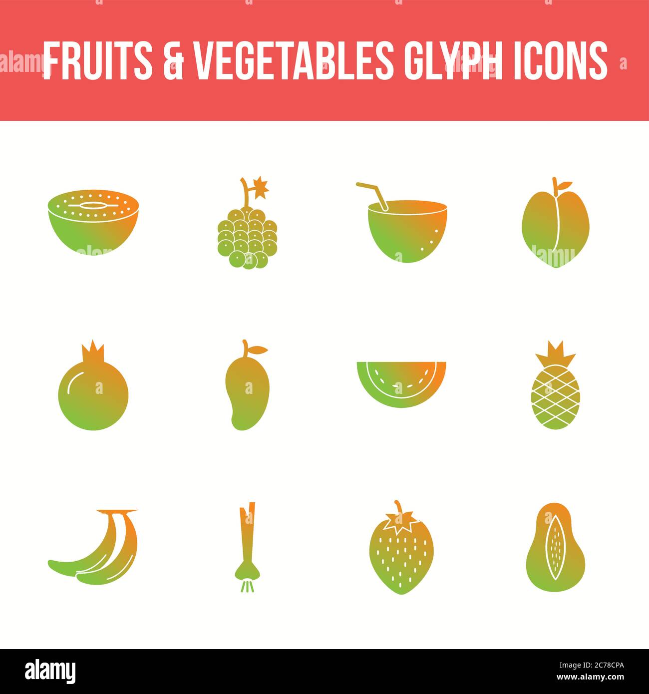 Unique fruits & vegetables vector glyph icon set Stock Vector