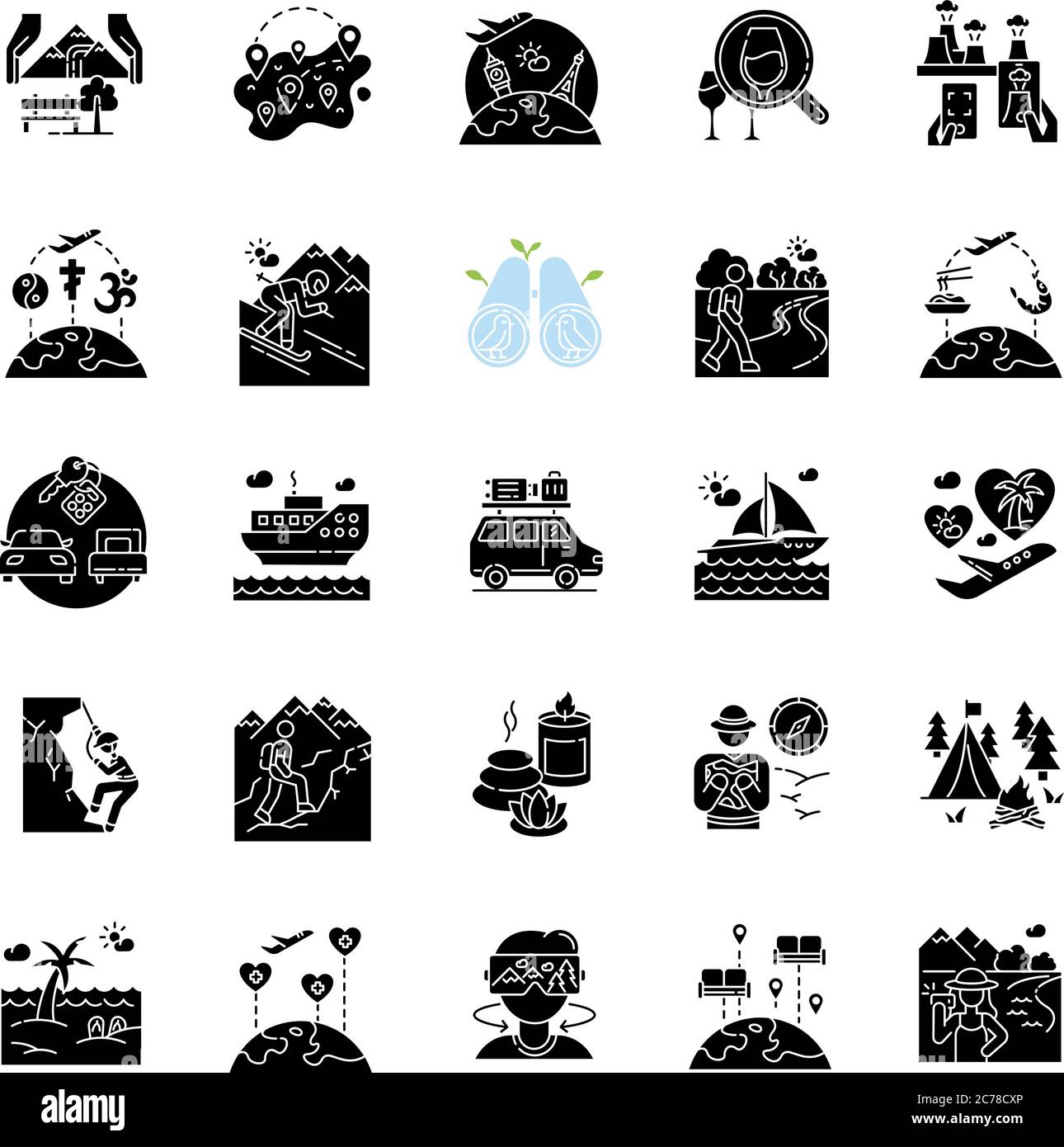 Tourism black glyph icons set on white space. Holiday travel, vacation ...