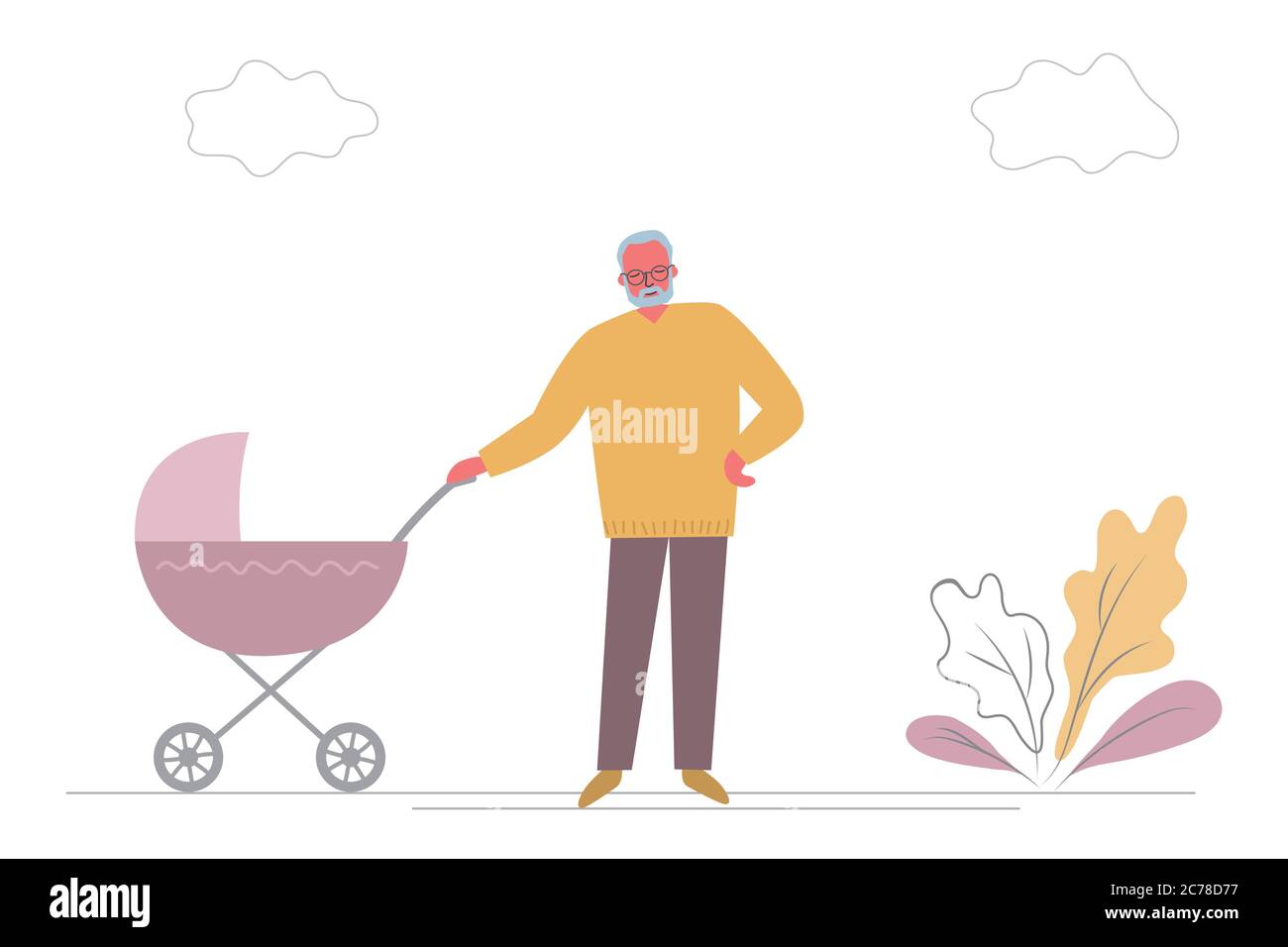 Grandfather  with grandchild in baby stroller. Old man with a purple pram on a walk. There is also plants and clouds in the picture. Funky flat style. Stock Vector