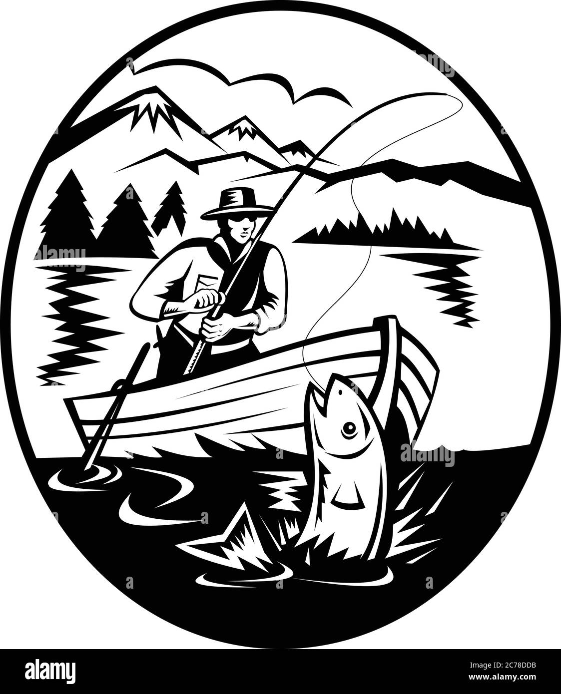 Retro black and white style illustration of a trout fisherman on boat fishing in lake with rod and reel hooking catching salmon fish with mountains in Stock Vector