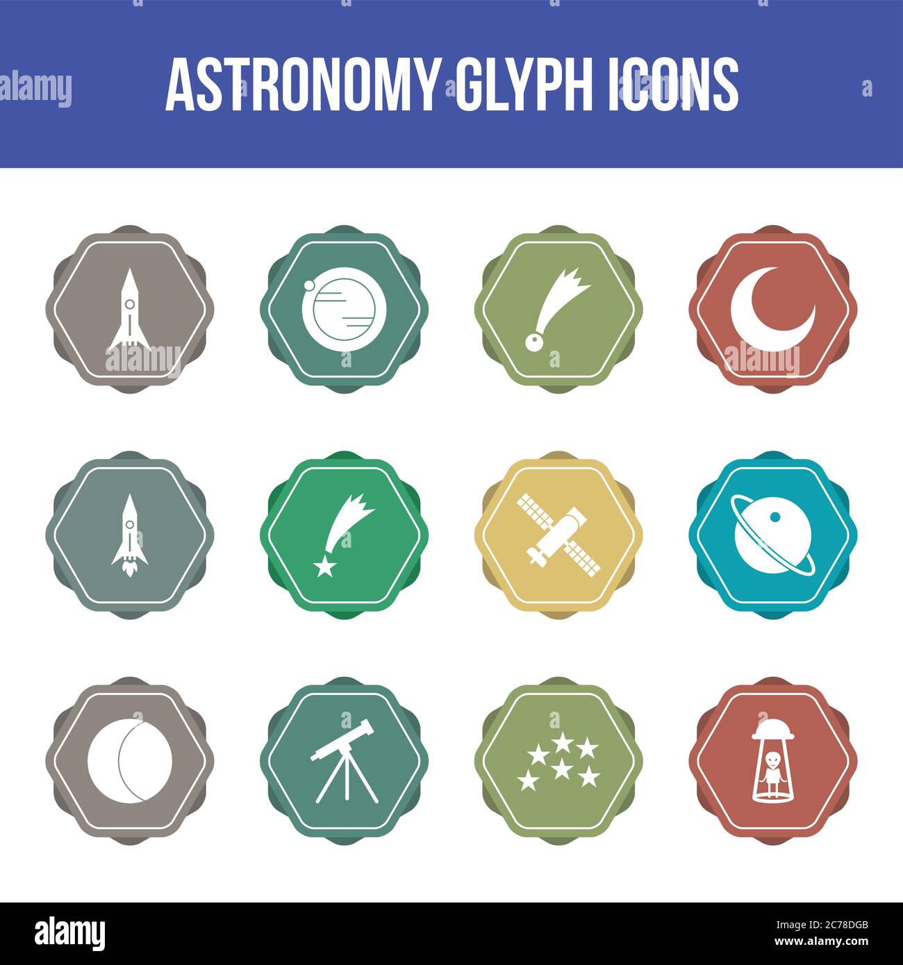 Unique astronomy vector glyph icon set Stock Vector