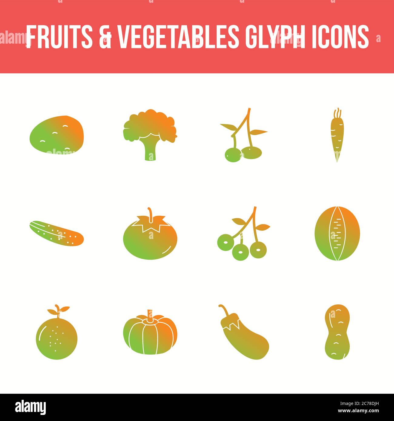 Unique fruits & vegetables vector glyph icon set Stock Vector