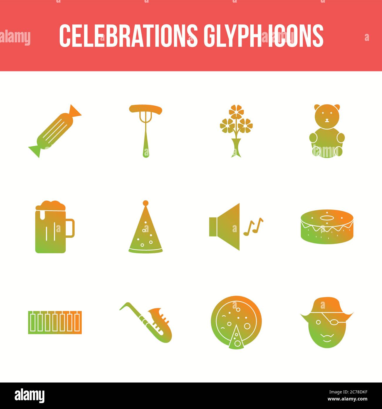 Unique celebration vector glyph icon set Stock Vector