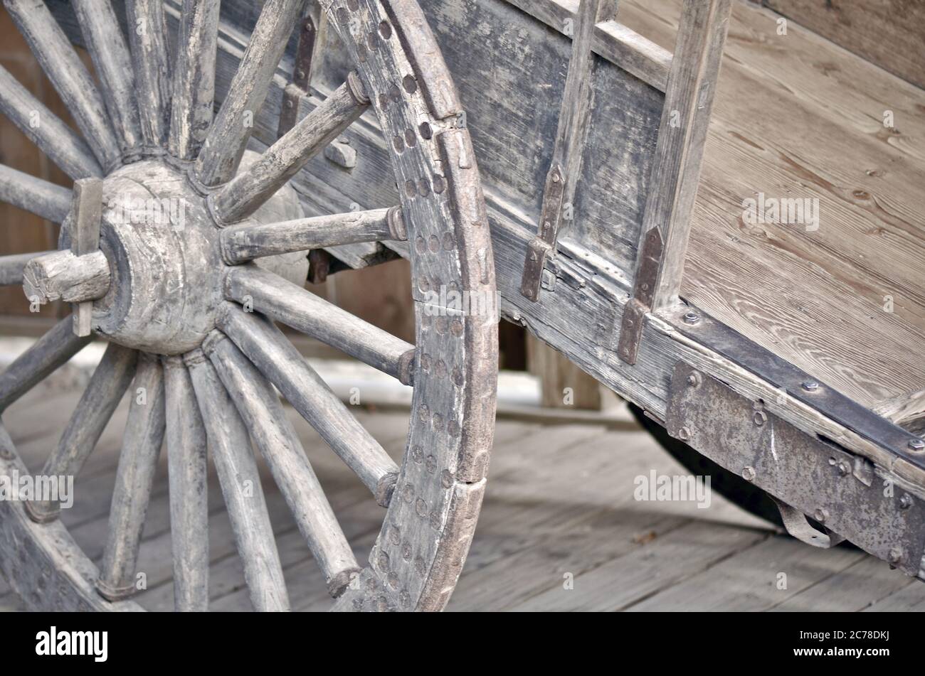 Southeast Asian Hand Pulled Wooden Delivery Cart Wheel Close Up Stock Photo