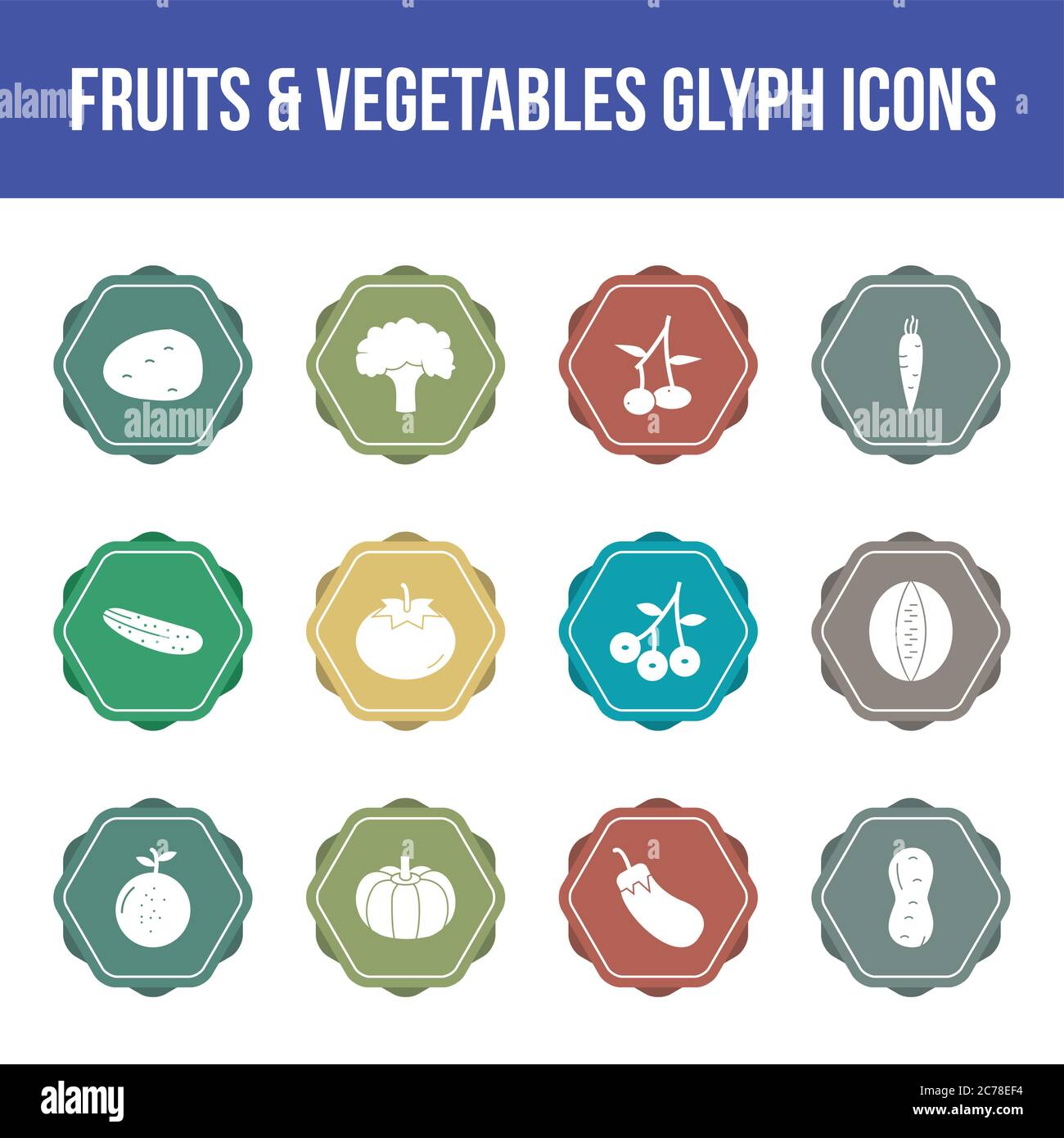Unique fruits & vegetables vector glyph icon set Stock Vector