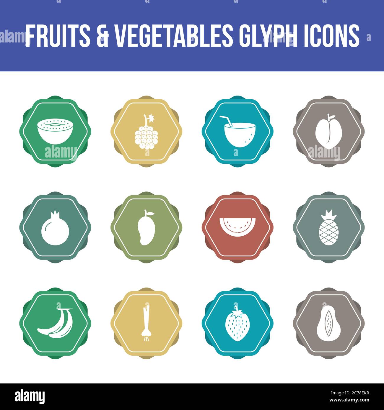 Unique fruits & vegetables vector glyph icon set Stock Vector