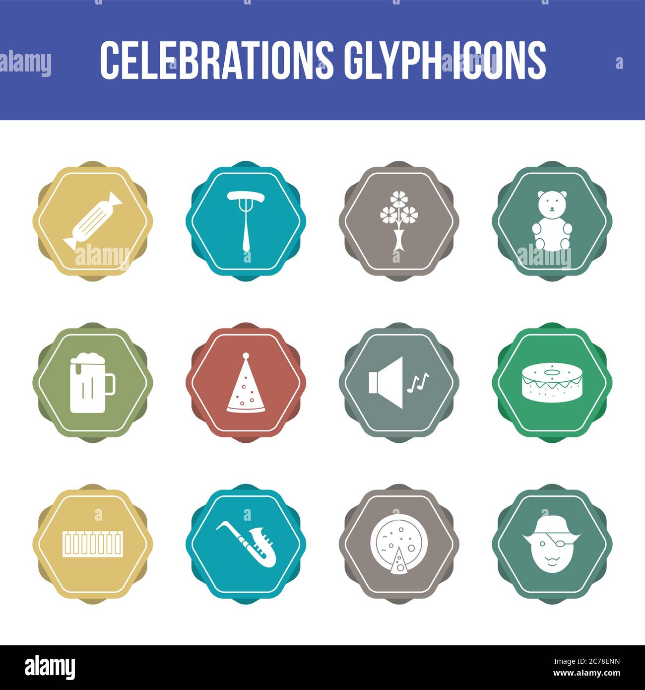 Unique celebration vector glyph icon set Stock Vector