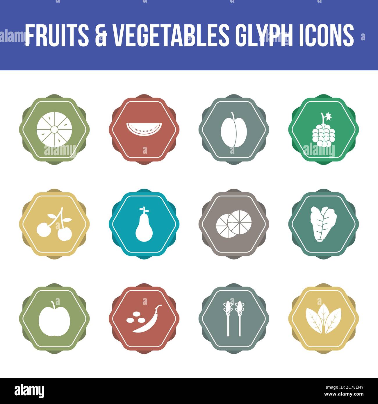 Unique fruits & vegetables vector glyph icon set Stock Vector
