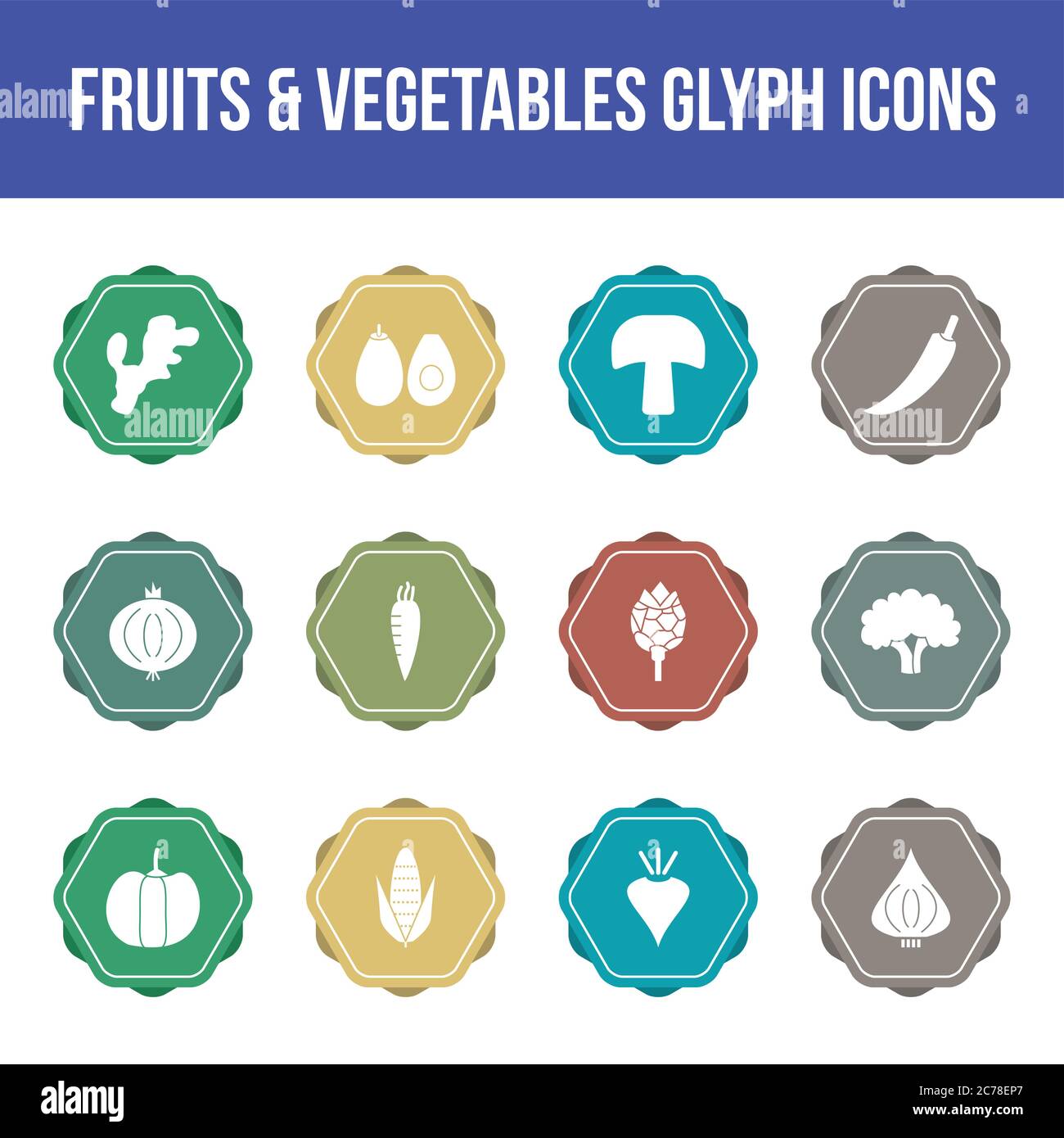 Unique fruits & vegetables vector glyph icon set Stock Vector