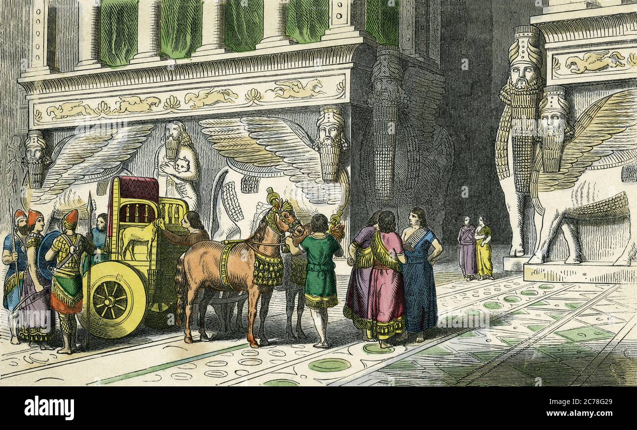 The royal chariot awaits at the palace gate in Nineveh, Assyria.  From a 19th century engraving by Nikolaus Knilling after a work by Heinrich Leutemann. Stock Photo