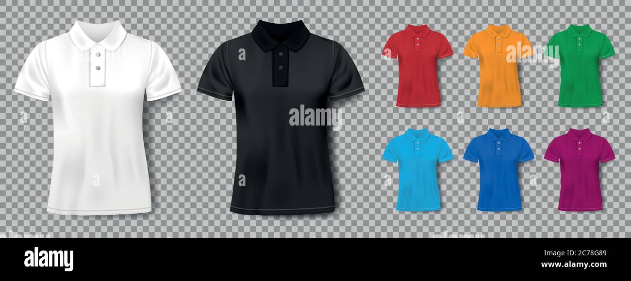 Colorful realistic slim male polo shirt design template. Set of short sleeve shirts for sport, men classic polo. Vector illustration Stock Vector