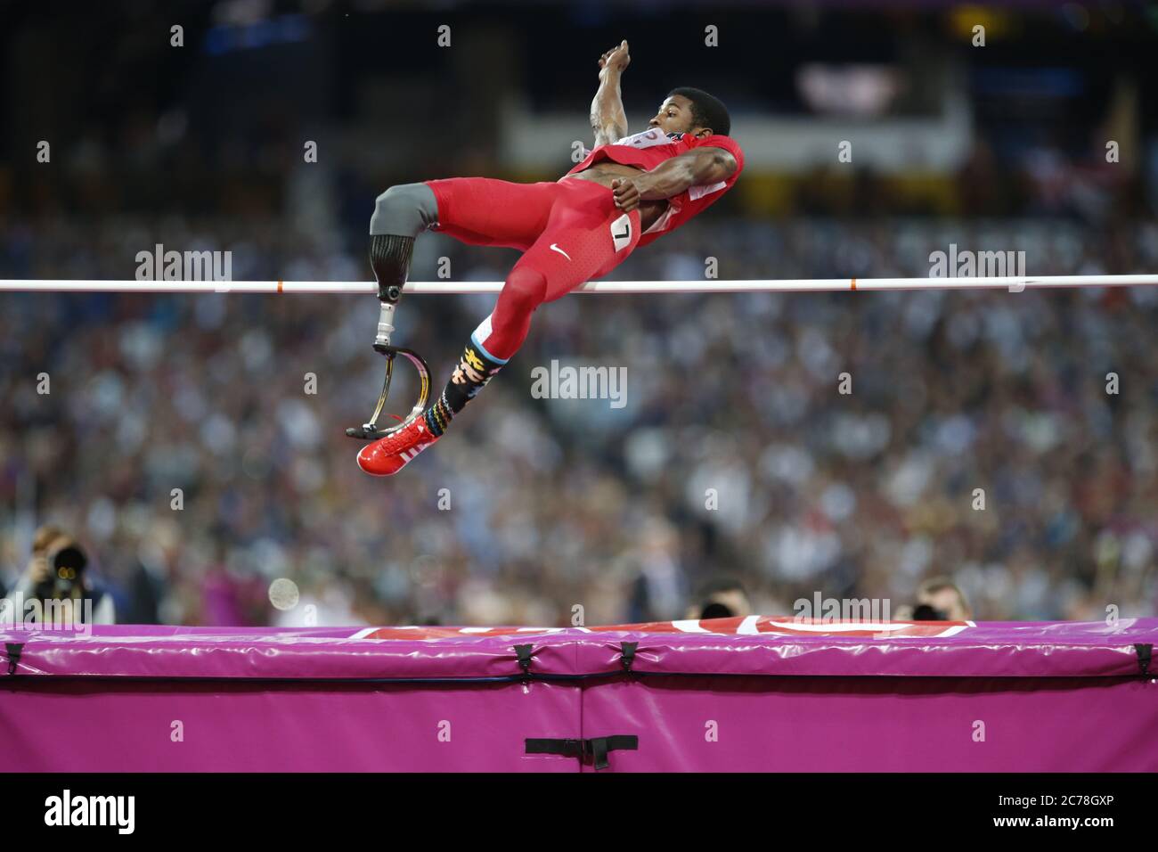 Richard Browne of the United States competes in the Men's High Jump F46 Final during the London 2012 Paralympic Games at the Olympic Stadium in London. 8 September 2012 --- Image by © Paul Cunningham Stock Photo