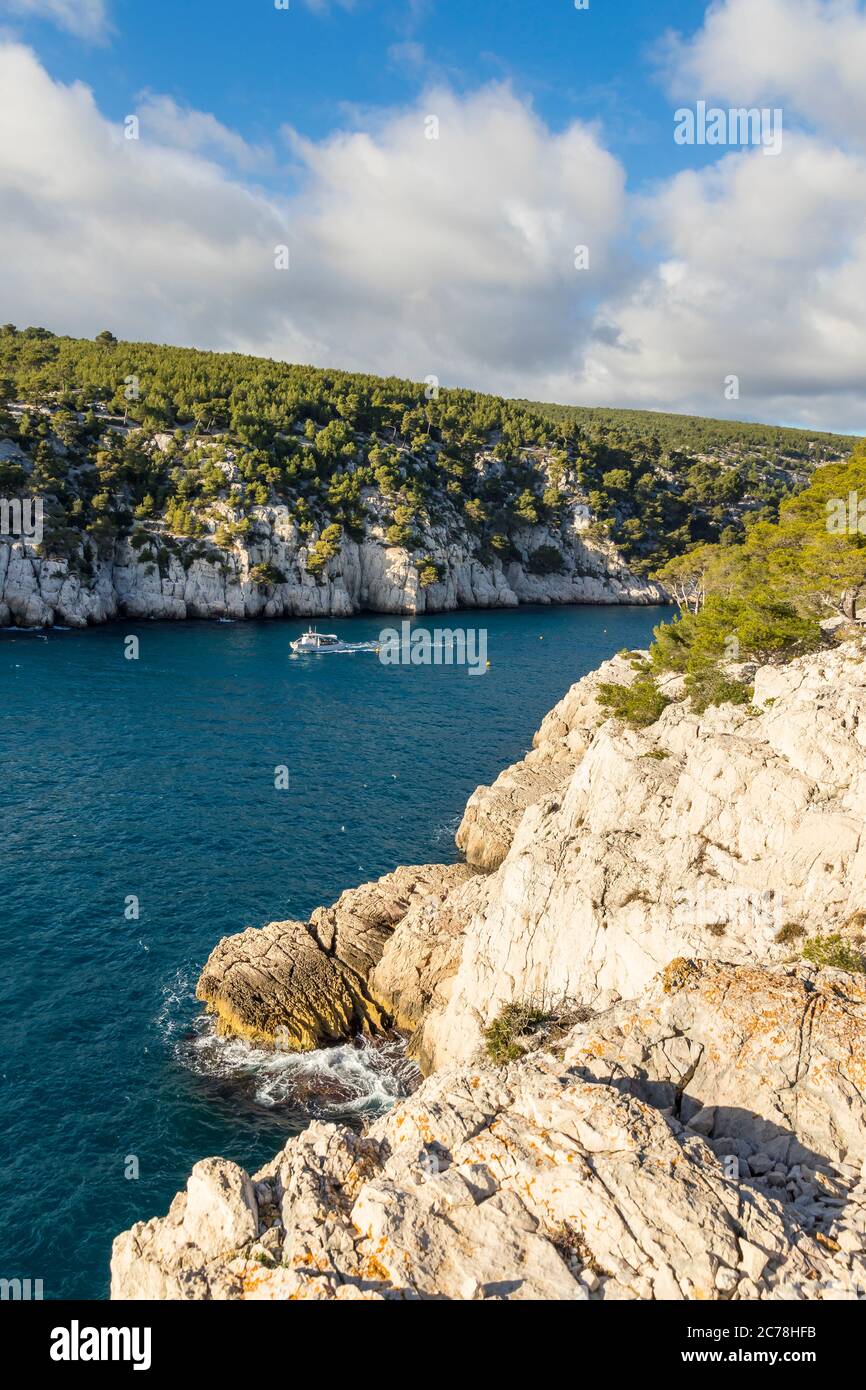Excursion boat passing the Calanque de Port Pin, Cassis, Provence, France, Europe Stock Photo