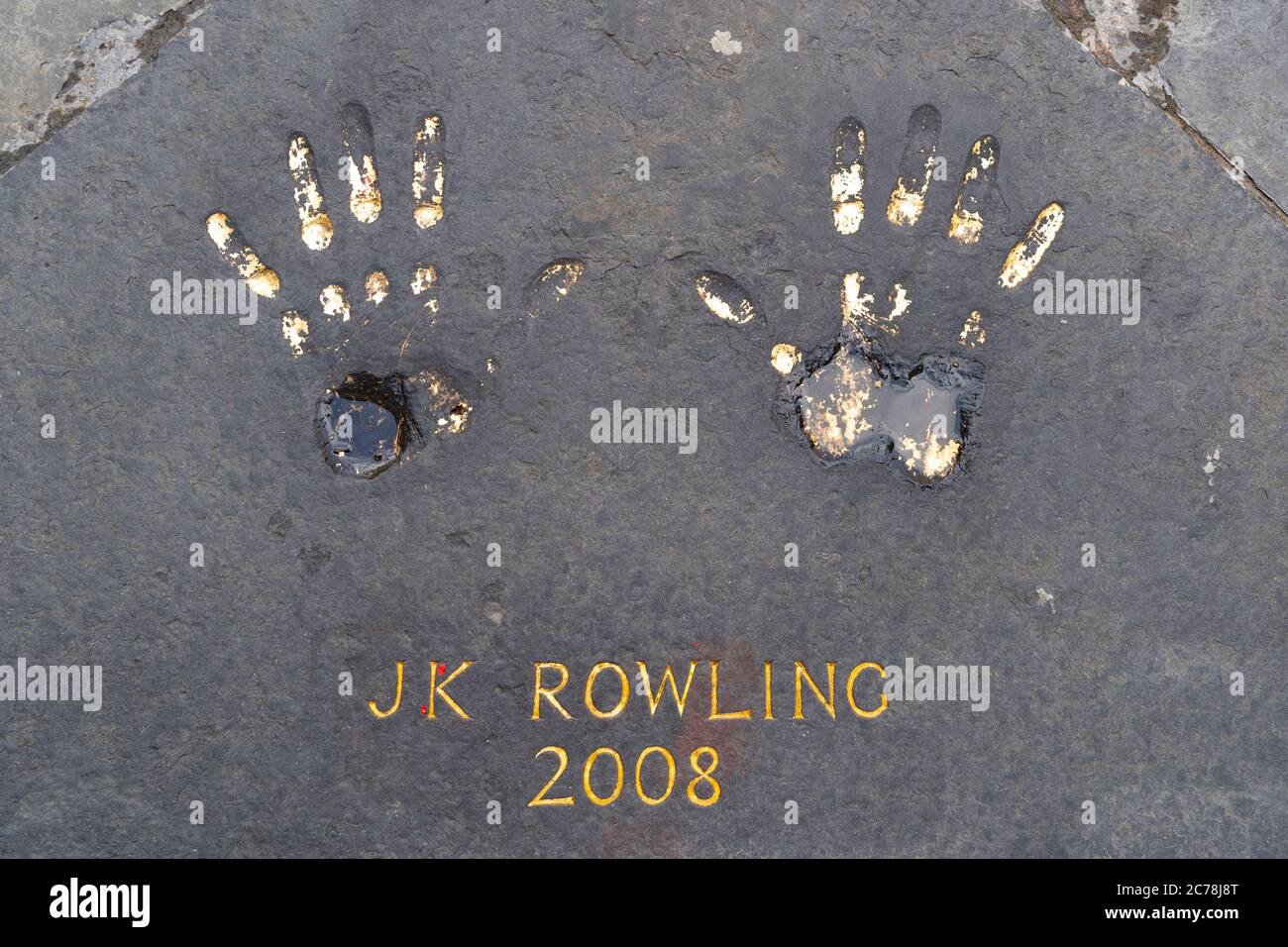 JK Rowling handprints , one of The Edinburgh Award handprints outside City Chambers in Old Town Edinburgh, Scotland, UK. Features handprints from well Stock Photo