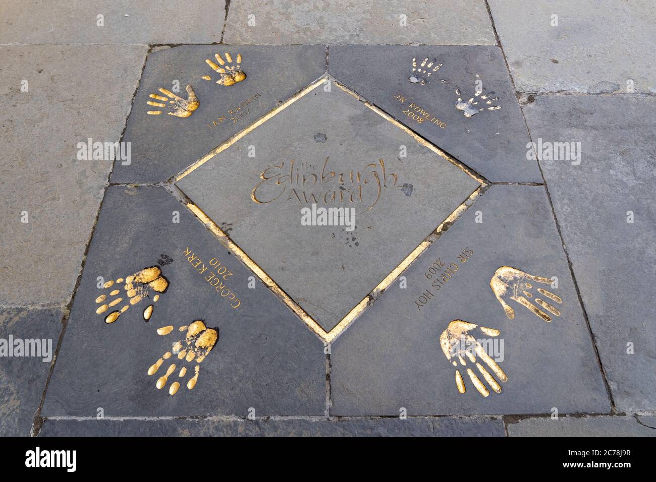 The Edinburgh Award handprints outside City Chambers in Old Town Edinburgh, Scotland, UK. Features handprints from well known Edinburgh people. Stock Photo