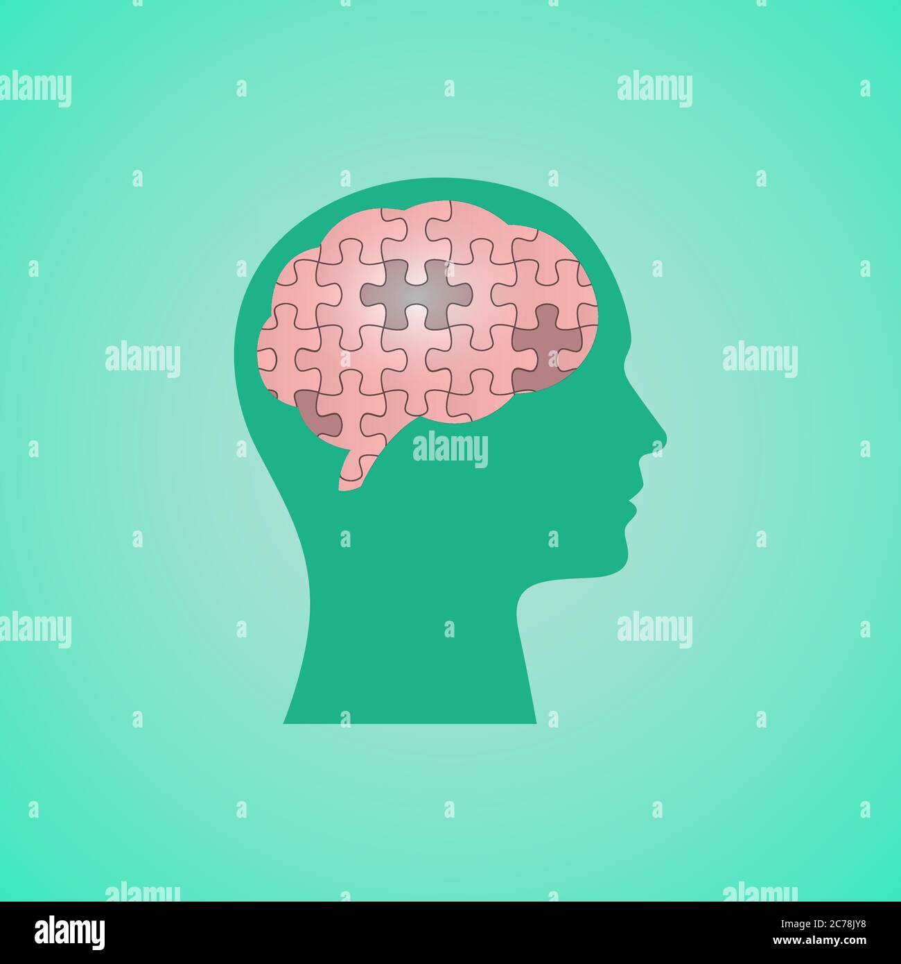Human Head With Puzzled Brain Over Green Background, Vector Illustration Stock Vector