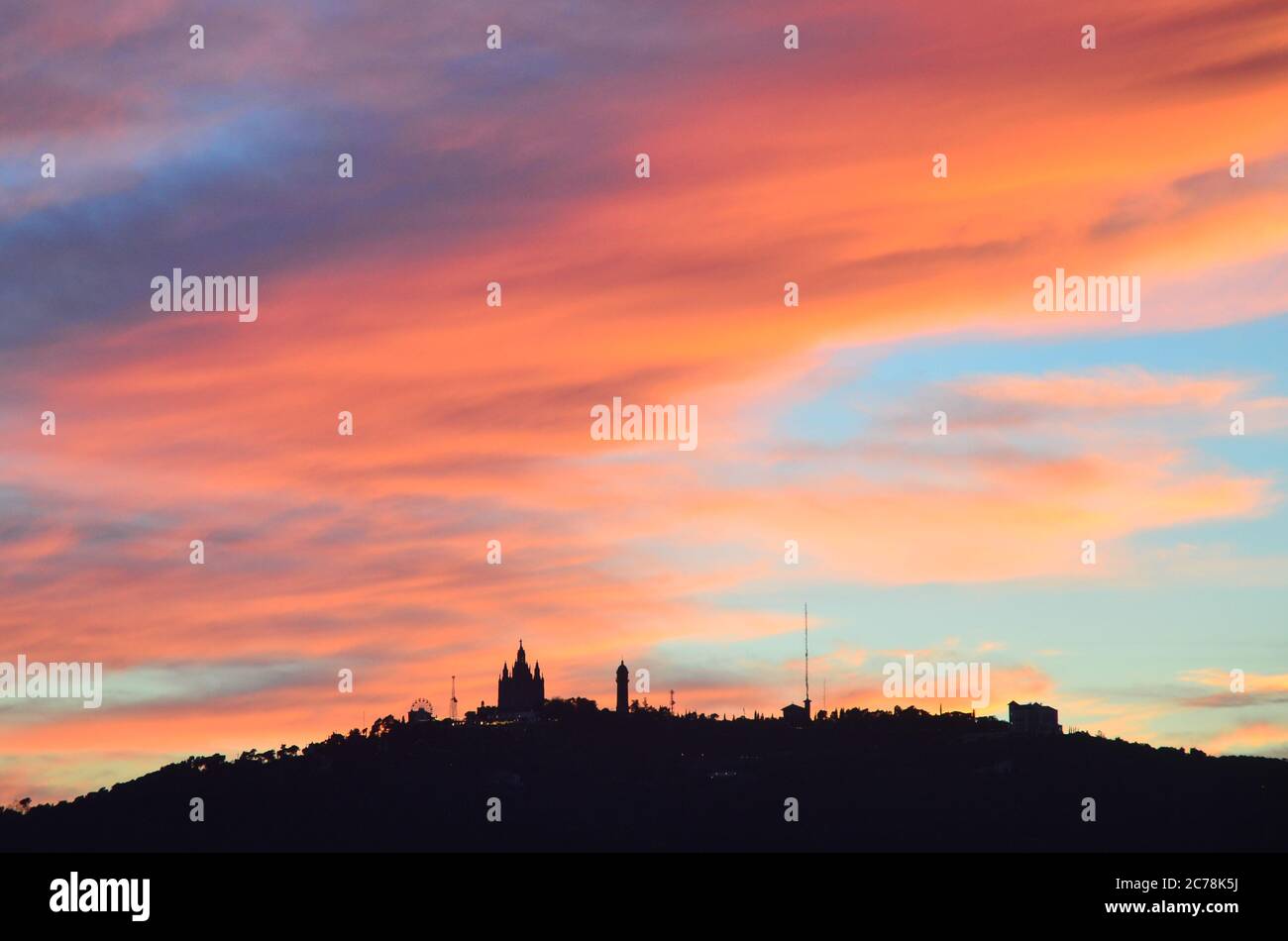 Evening Sunset over Tibidabo - Barcelona, Spain Stock Photo
