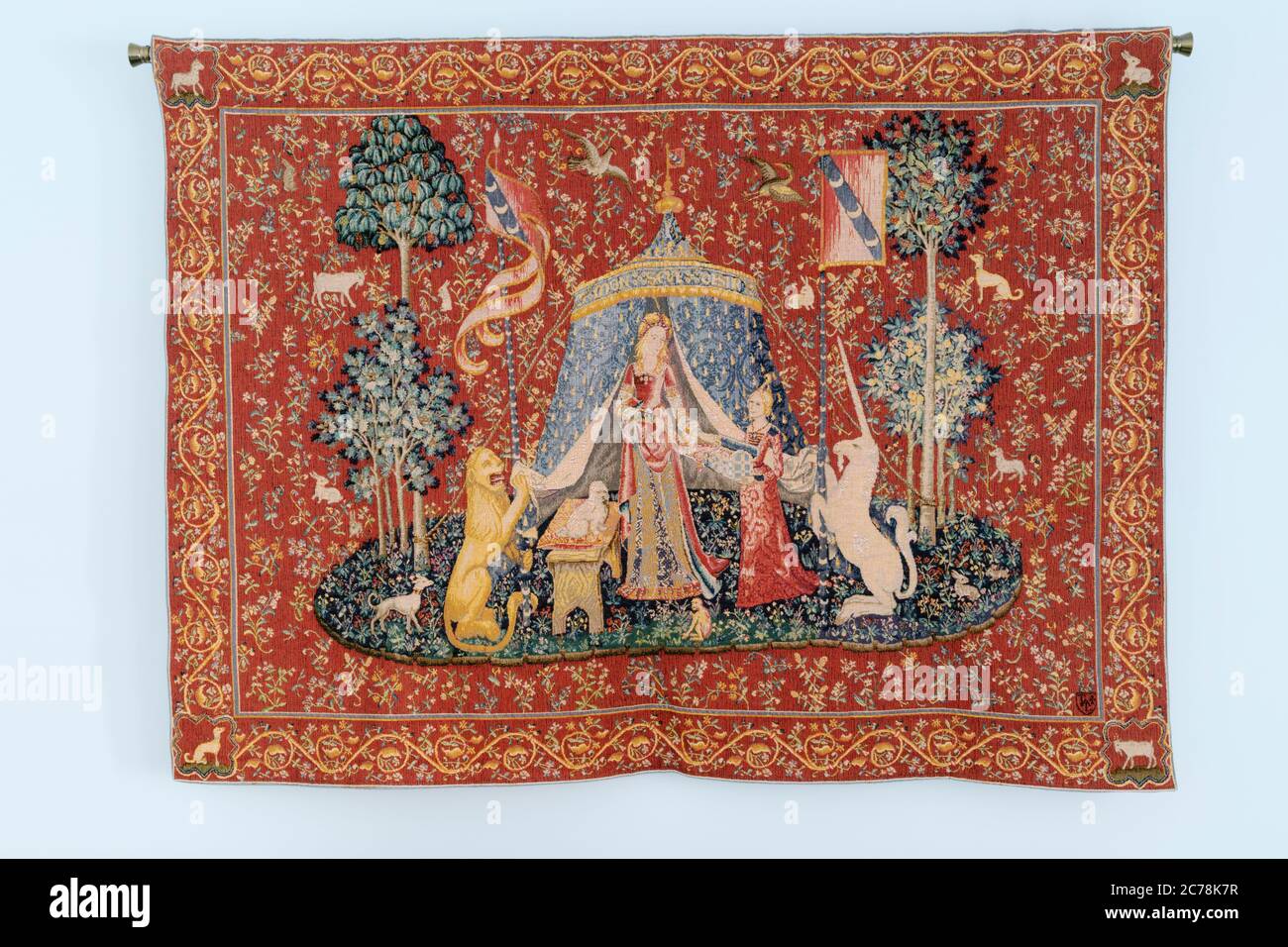 À Mon Seul Désir tapestry, the sixth in the La Dame à la licorne, or The Lady and the Unicorn series of tapestries.  À Mon Seul Désir is translated in Stock Photo