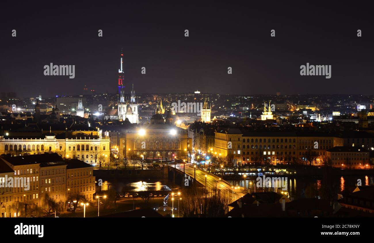 Night View of Prague city from Petrin Gardens - Prague, Czechia Stock Photo