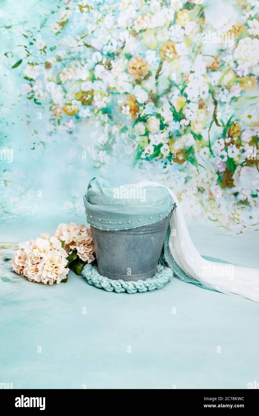 Newborn Photography Digital Background Blue Fur Wood Bucket Prop with Flowers