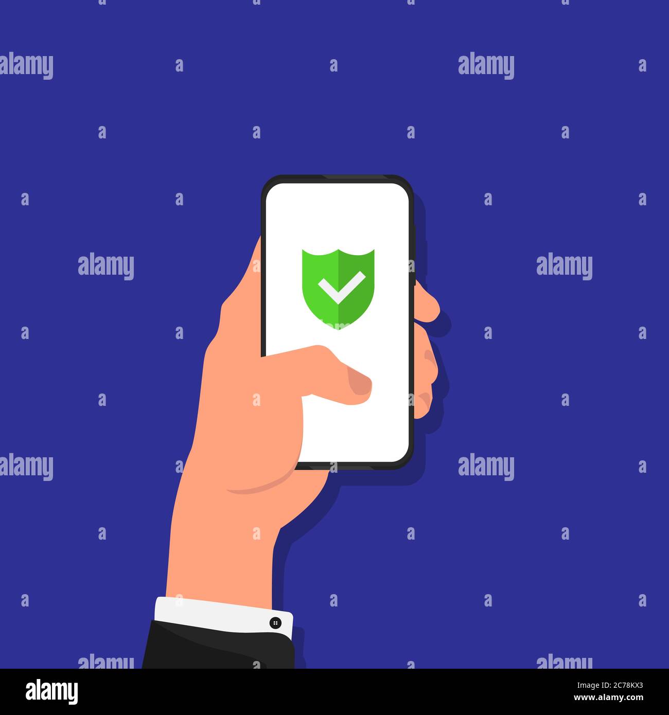 Businessman Using Smartphone With Anti-Virus Protection Over Blue Background, Vector Stock Vector