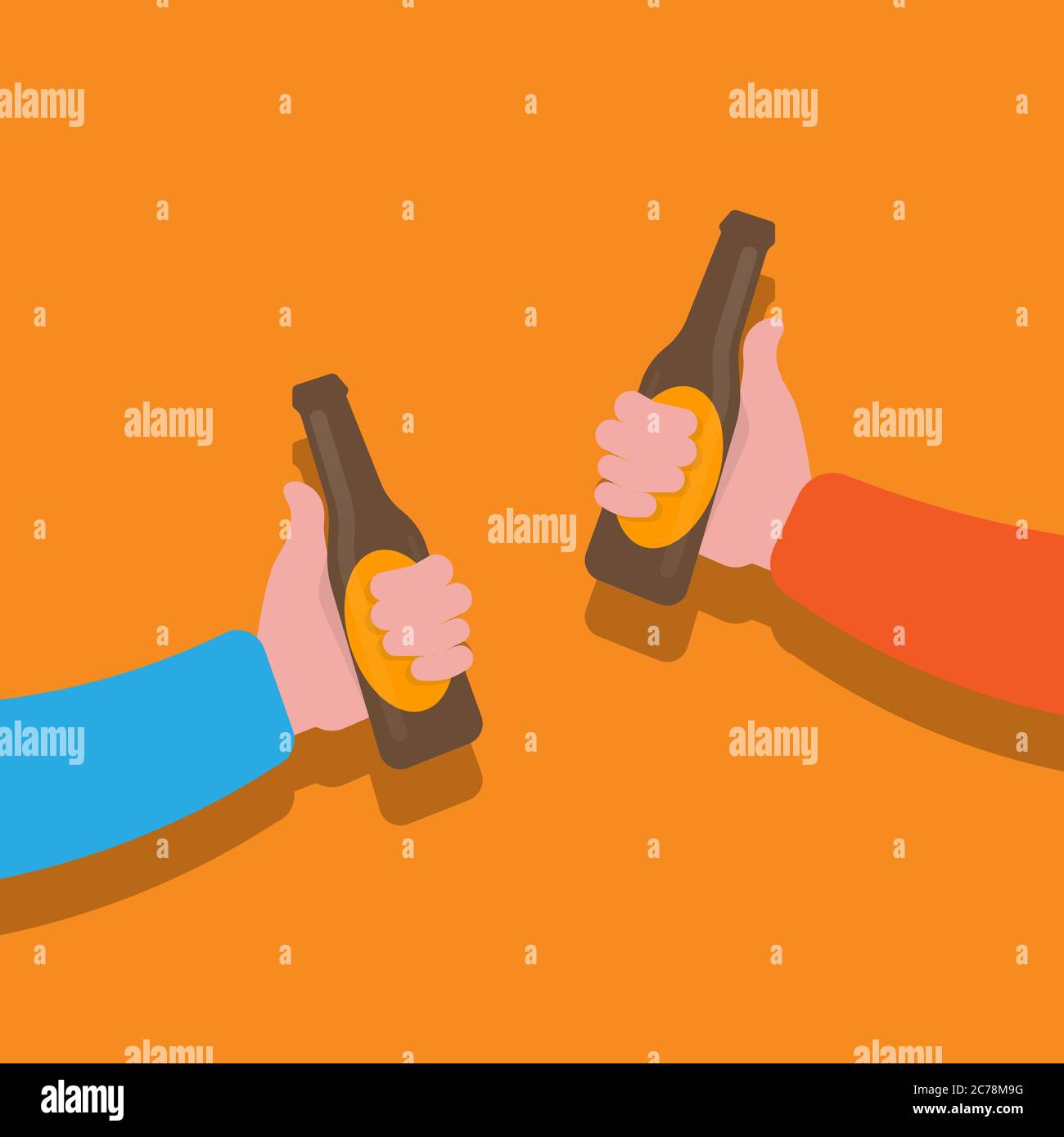 Two Guys Clinking Beer Bottles Over Orange Background, Illustration