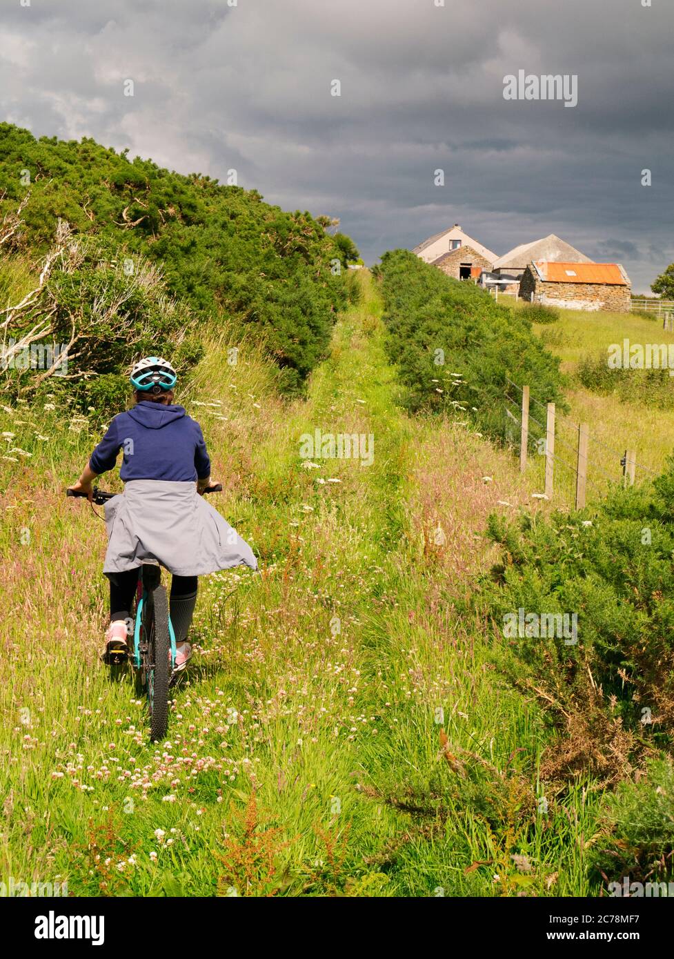 Girl cycling on St Magnus Way track, Orkney Isles Stock Photo