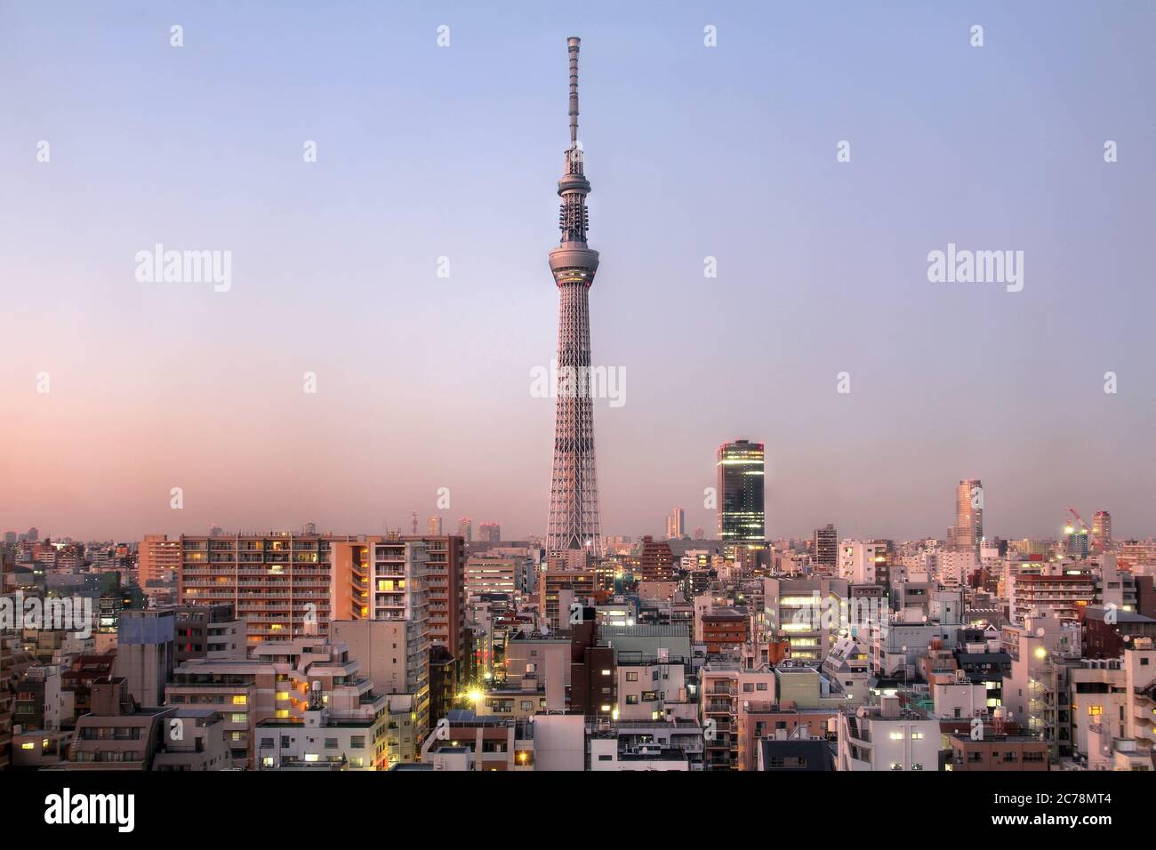 Tokyo skyline at sunset with Tokyo Sky Tree (634m), the highest free-standing structure in Japan and 2nd in the world. Stock Photo