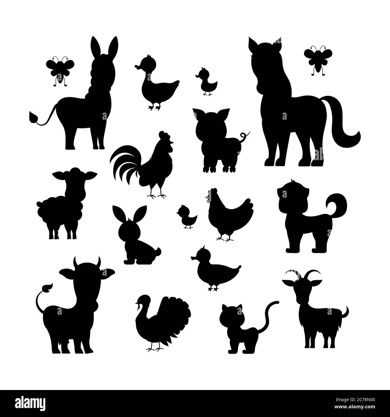 Farm animals black silhouette set isolated on white background Stock ...