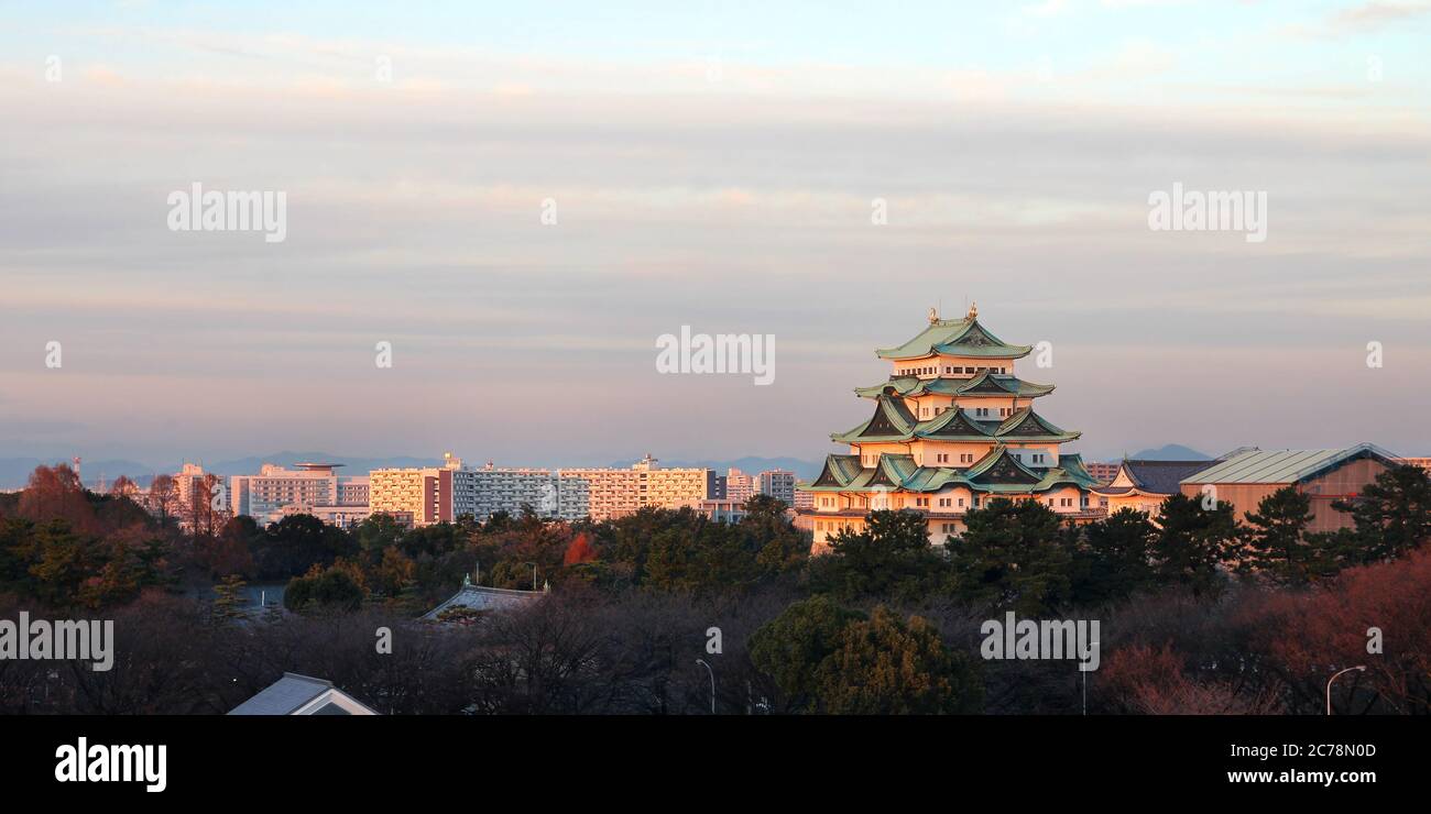 Nagoya Castle dominating the skyline of Nagoya city, Japan at golden hour time. Stock Photo