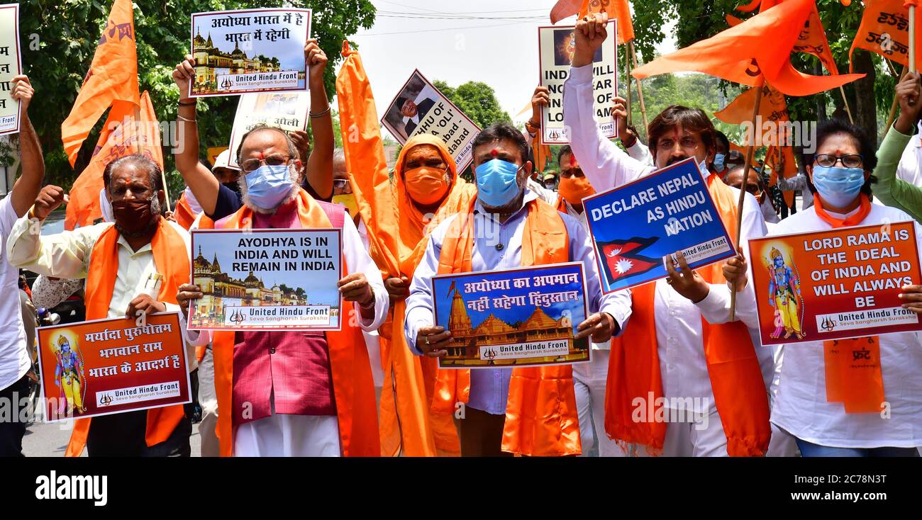 New Delhi, India. 15th July, 2020 United Hindu Front activists stage a demonstration outside the Nepalese embassy in New Delhi, against Nepal’s Prime Minister K P Sharma Oli’s remarks on Lord Ram Credit: PRASOU/Alamy Live News Stock Photo