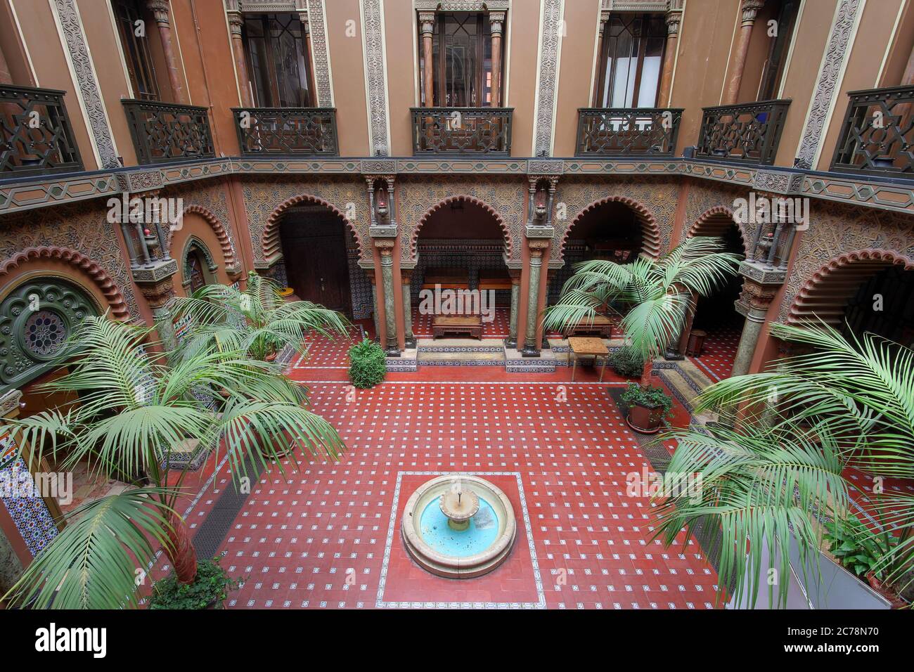Interior courtyard of Casa do Alentejo in Restauradores district of Lisbon, Portugal. The house received the current Neo-Moorish interior design in 19 Stock Photo