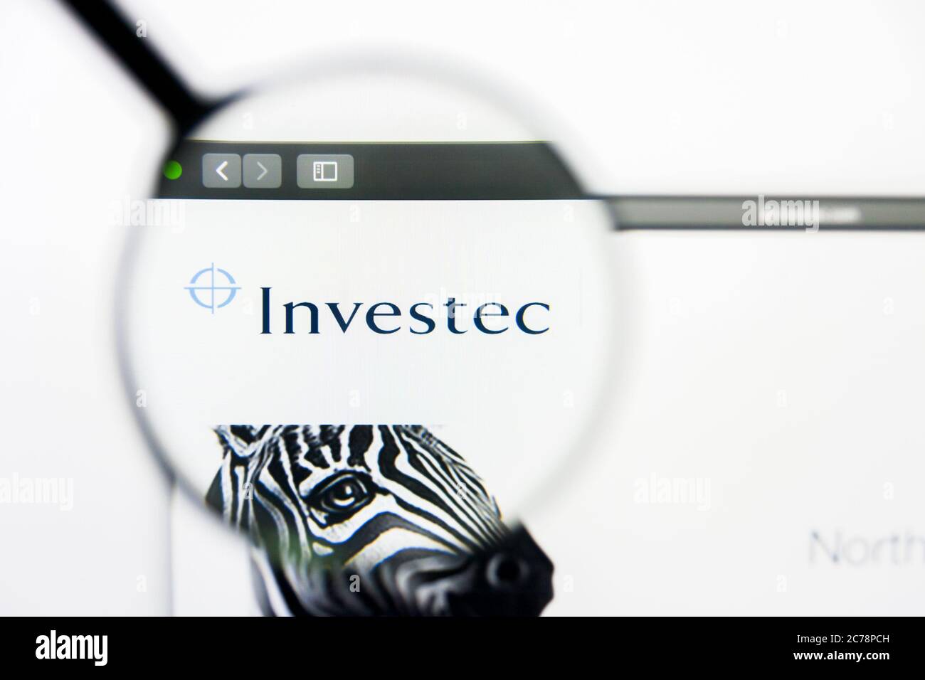 Los Angeles, California, USA - 23 March 2019: Illustrative Editorial of Investec website homepage. Investec logo visible on display screen. Stock Photo