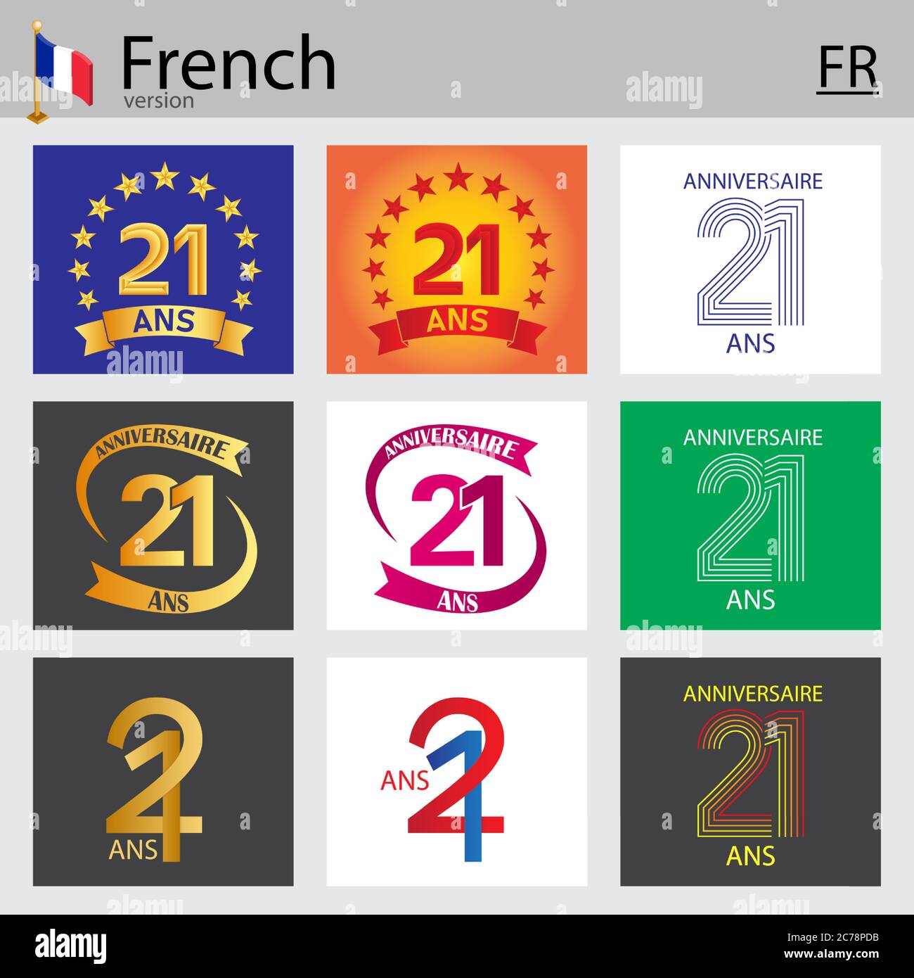 French set of number twenty-one years (21 years) celebration design. Anniversary vector number template elements for your birthday party Stock Vector