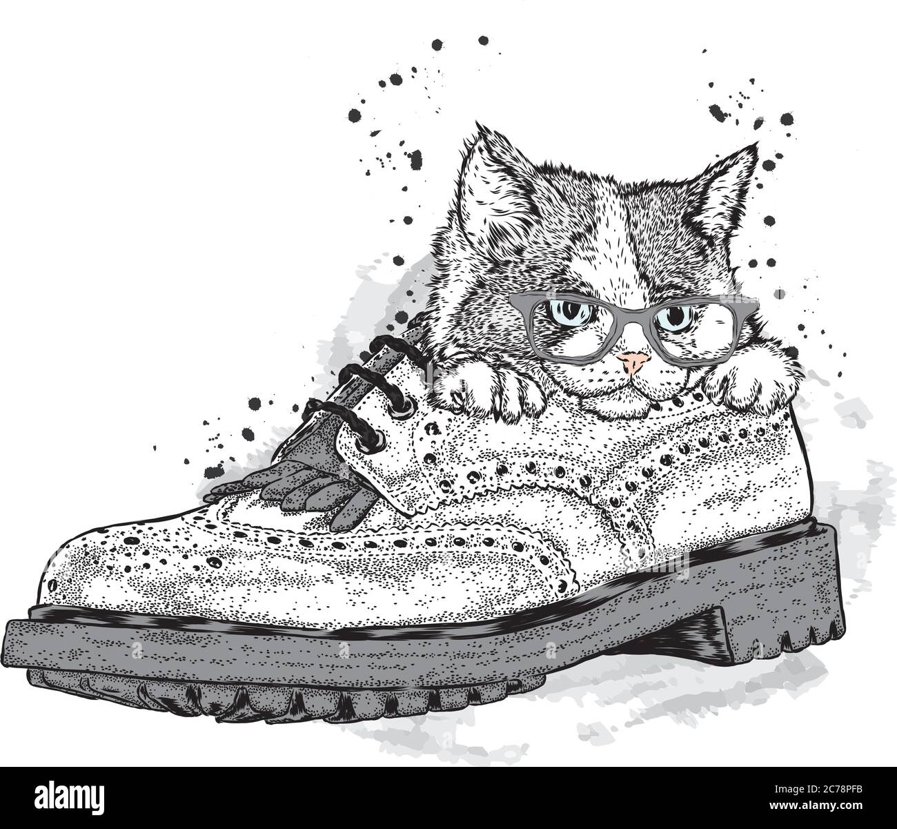 Cute kitten in a cap and stylish sneakers. Vector illustration for a
